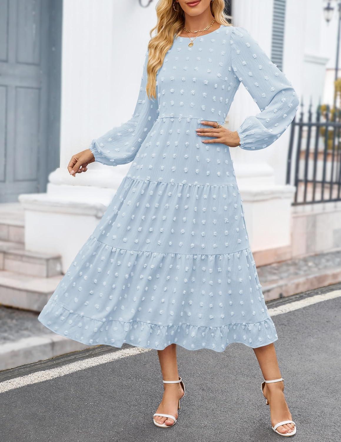 imageZESICA Womens Fall Long Sleeve Maxi Dresses 2026 Crew Neck Swiss Dot Tiered Flowy A Line Wedding Cocktail Party DressLight Blue