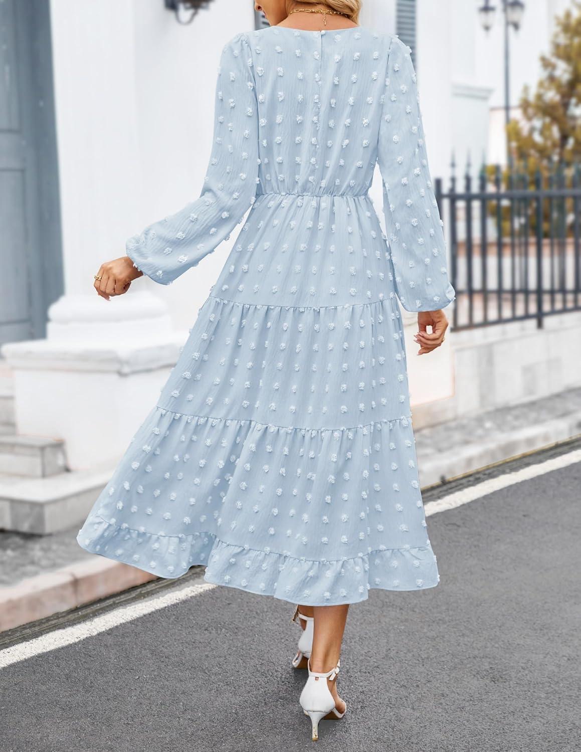 imageZESICA Womens Fall Long Sleeve Maxi Dresses 2026 Crew Neck Swiss Dot Tiered Flowy A Line Wedding Cocktail Party DressLight Blue
