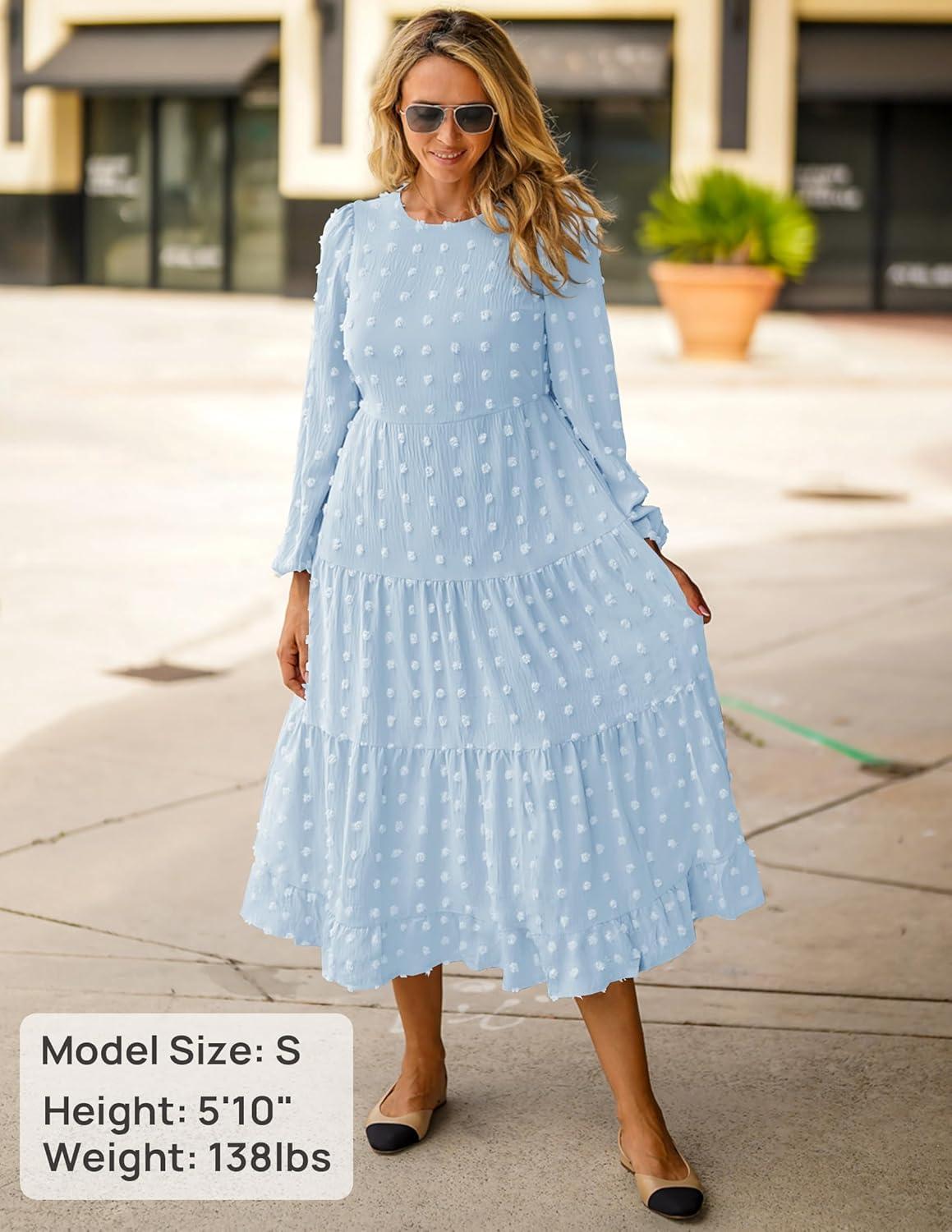 imageZESICA Womens Fall Long Sleeve Maxi Dresses 2026 Crew Neck Swiss Dot Tiered Flowy A Line Wedding Cocktail Party DressLight Blue