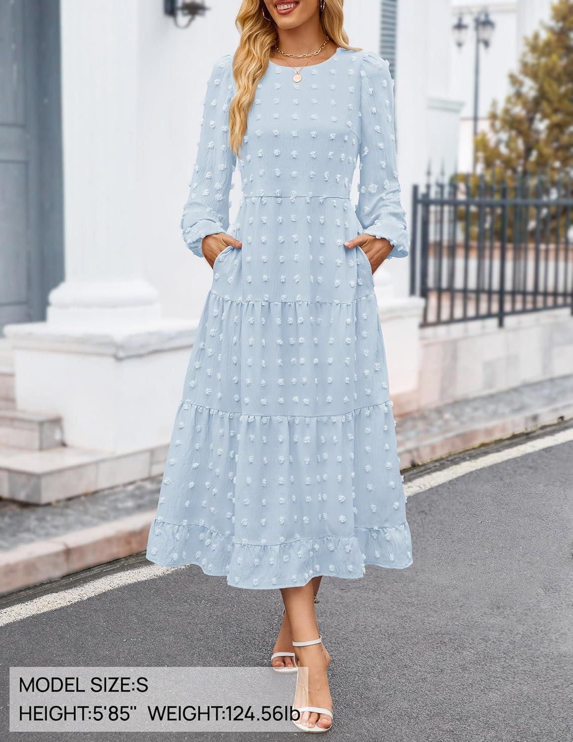 imageZESICA Womens Fall Long Sleeve Maxi Dresses 2026 Crew Neck Swiss Dot Tiered Flowy A Line Wedding Cocktail Party DressLight Blue