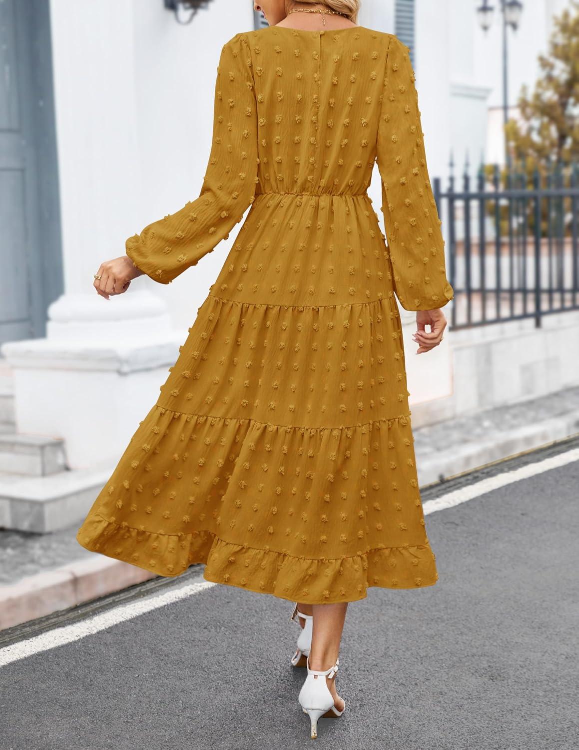 imageZESICA Womens Fall Long Sleeve Maxi Dresses 2026 Crew Neck Swiss Dot Tiered Flowy A Line Wedding Cocktail Party DressMustard