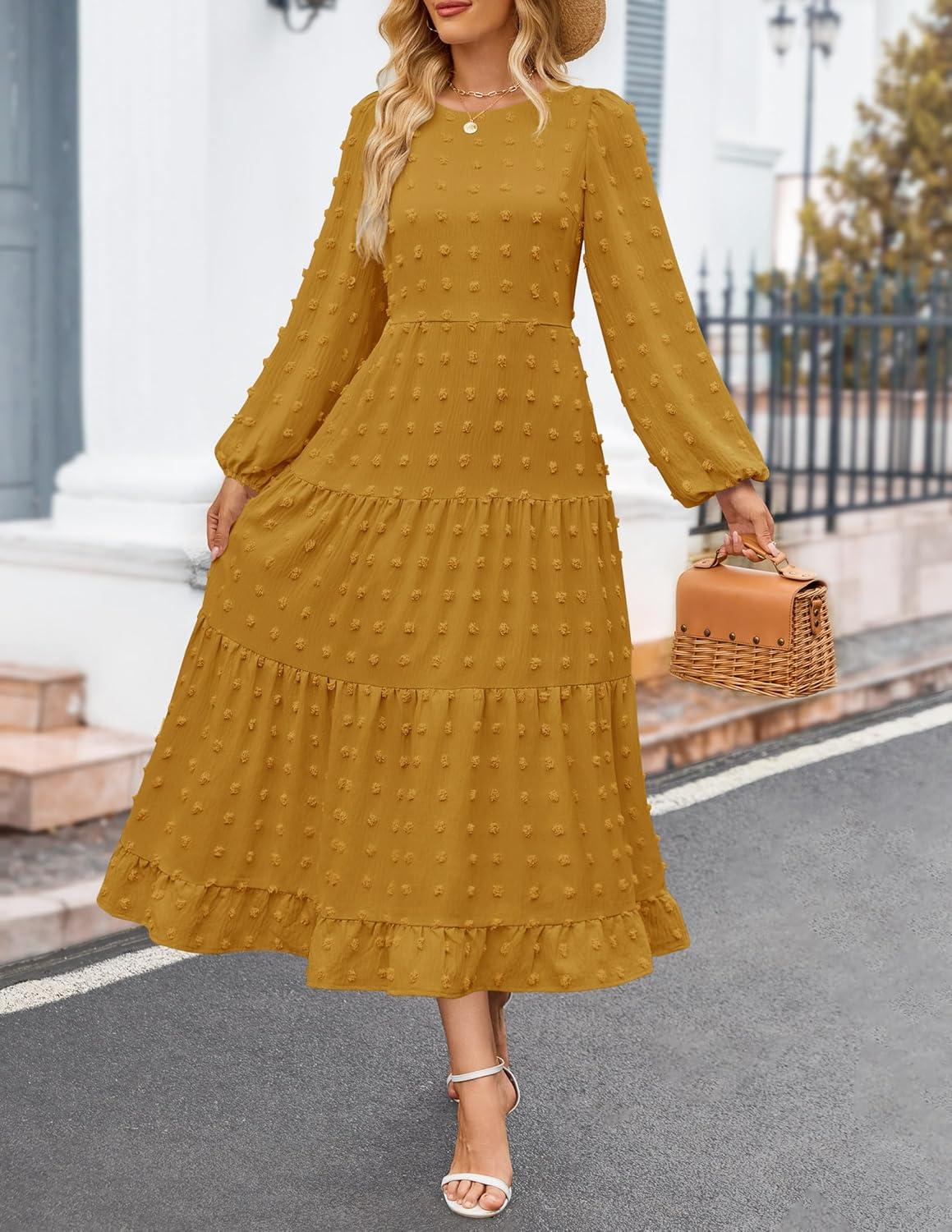 imageZESICA Womens Fall Long Sleeve Maxi Dresses 2026 Crew Neck Swiss Dot Tiered Flowy A Line Wedding Cocktail Party DressMustard