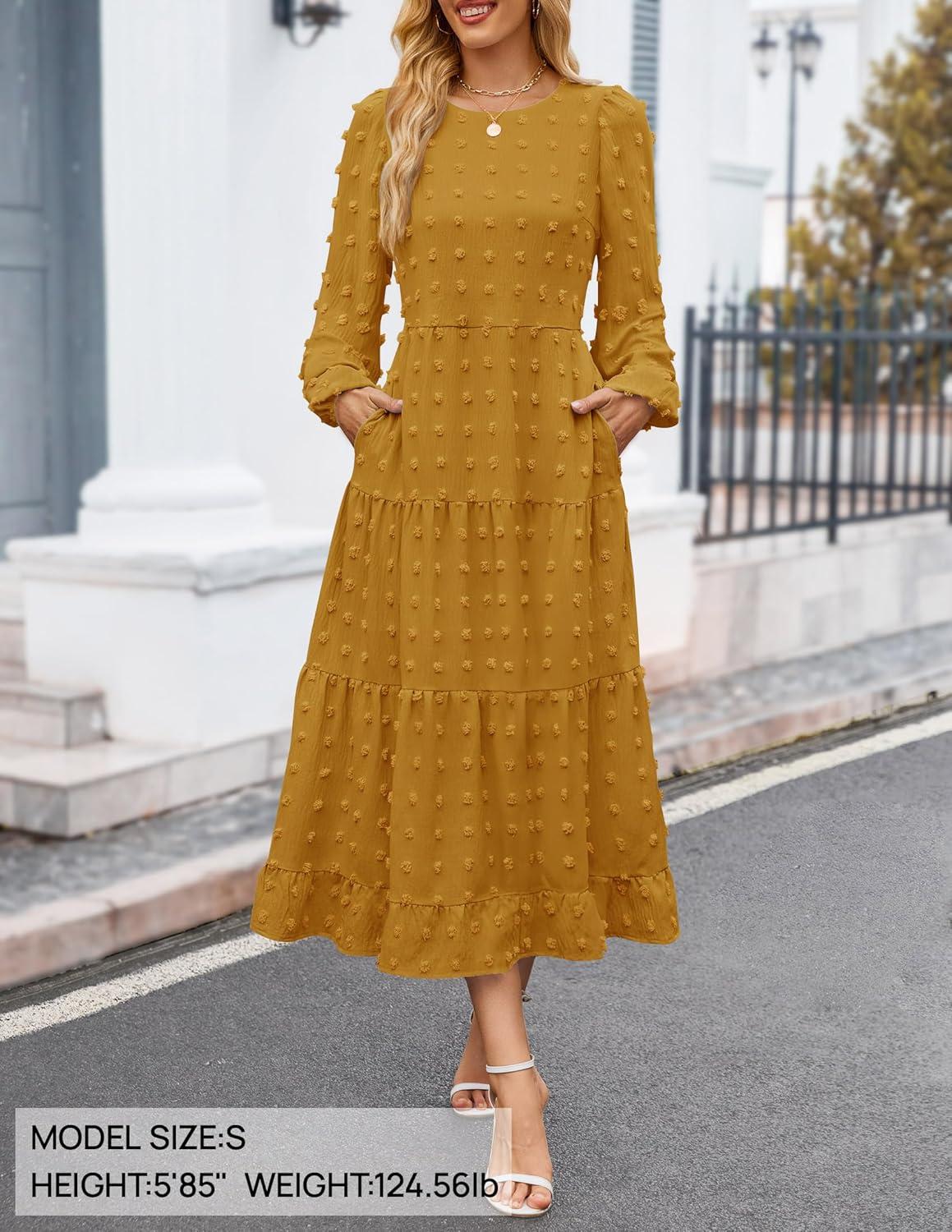imageZESICA Womens Fall Long Sleeve Maxi Dresses 2026 Crew Neck Swiss Dot Tiered Flowy A Line Wedding Cocktail Party DressMustard