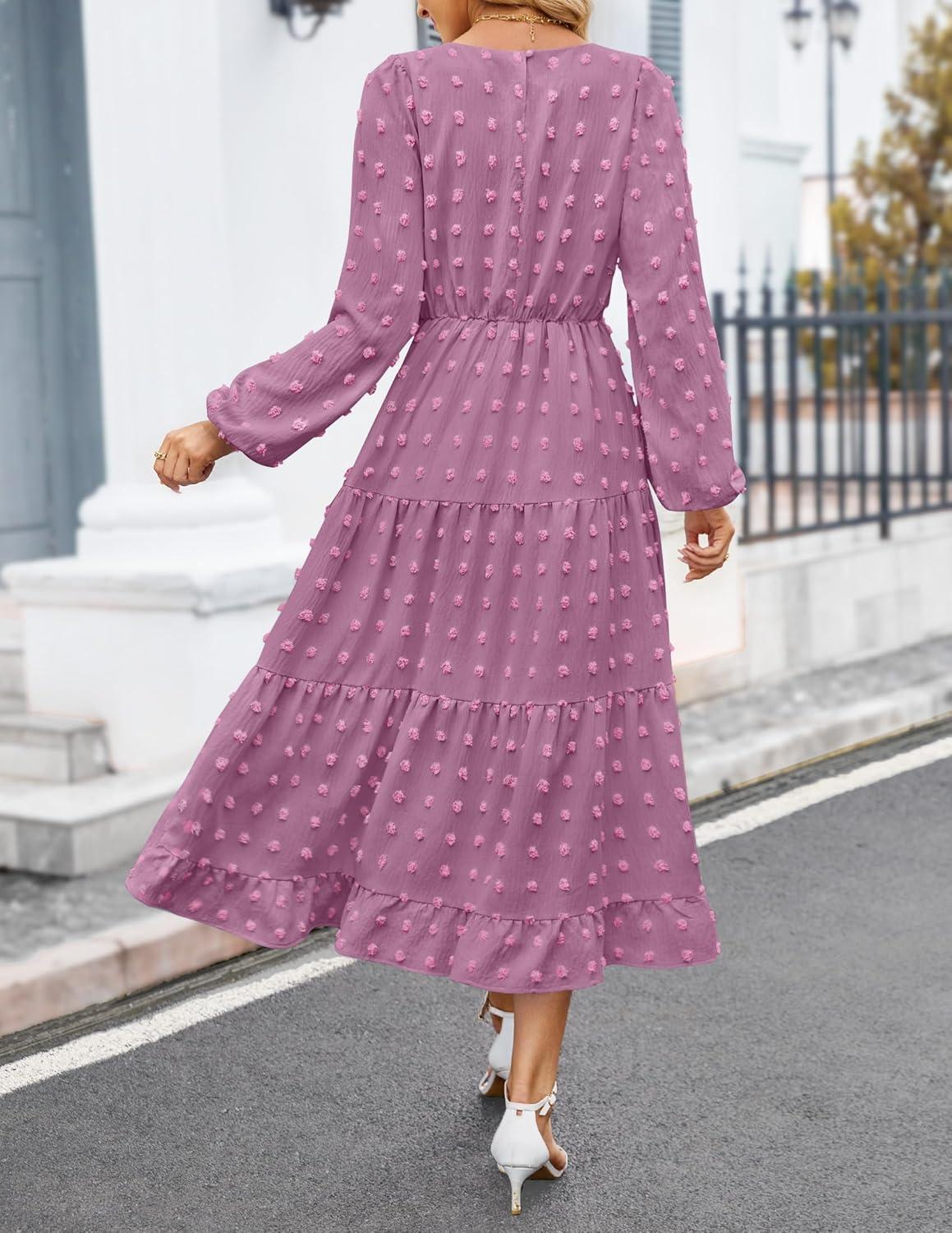 imageZESICA Womens Fall Long Sleeve Maxi Dresses 2026 Crew Neck Swiss Dot Tiered Flowy A Line Wedding Cocktail Party DressPurple