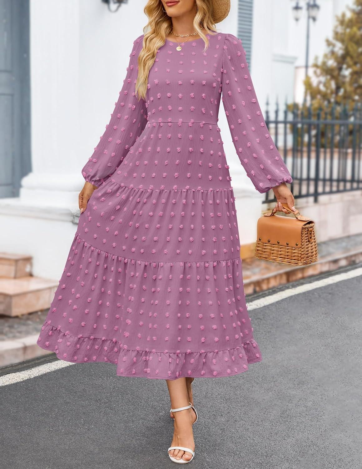 imageZESICA Womens Fall Long Sleeve Maxi Dresses 2026 Crew Neck Swiss Dot Tiered Flowy A Line Wedding Cocktail Party DressPurple