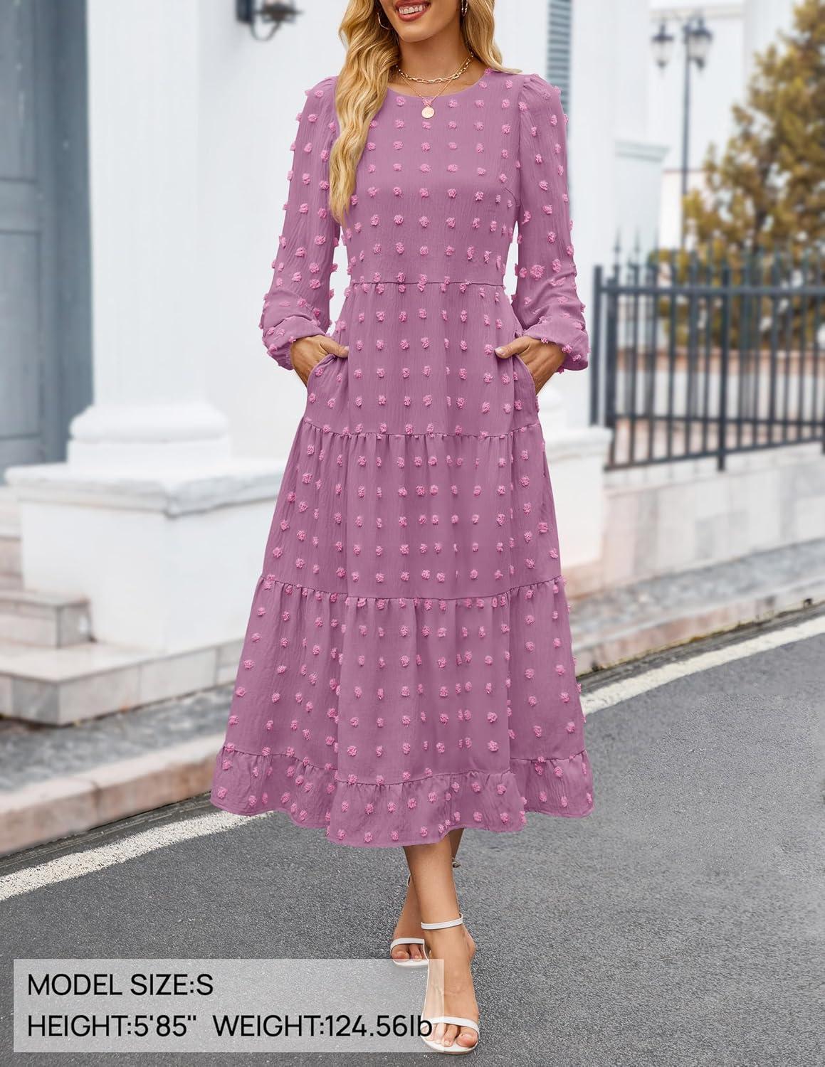 imageZESICA Womens Fall Long Sleeve Maxi Dresses 2026 Crew Neck Swiss Dot Tiered Flowy A Line Wedding Cocktail Party DressPurple