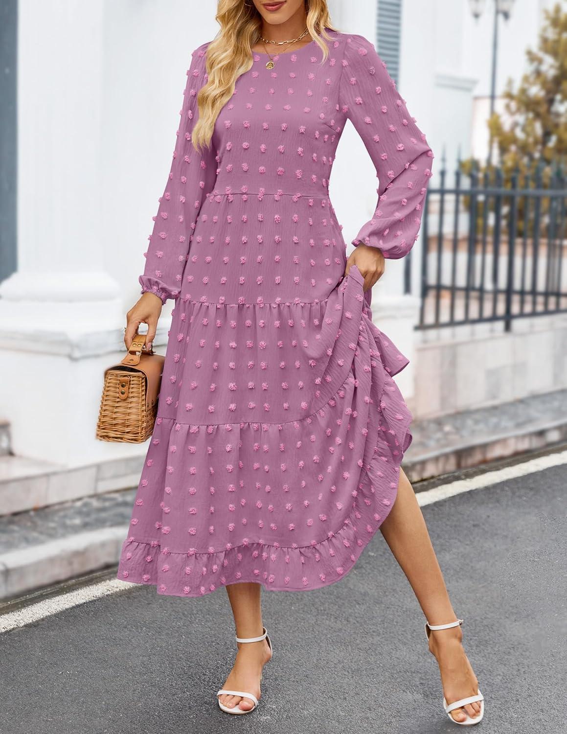 imageZESICA Womens Fall Long Sleeve Maxi Dresses 2026 Crew Neck Swiss Dot Tiered Flowy A Line Wedding Cocktail Party DressPurple