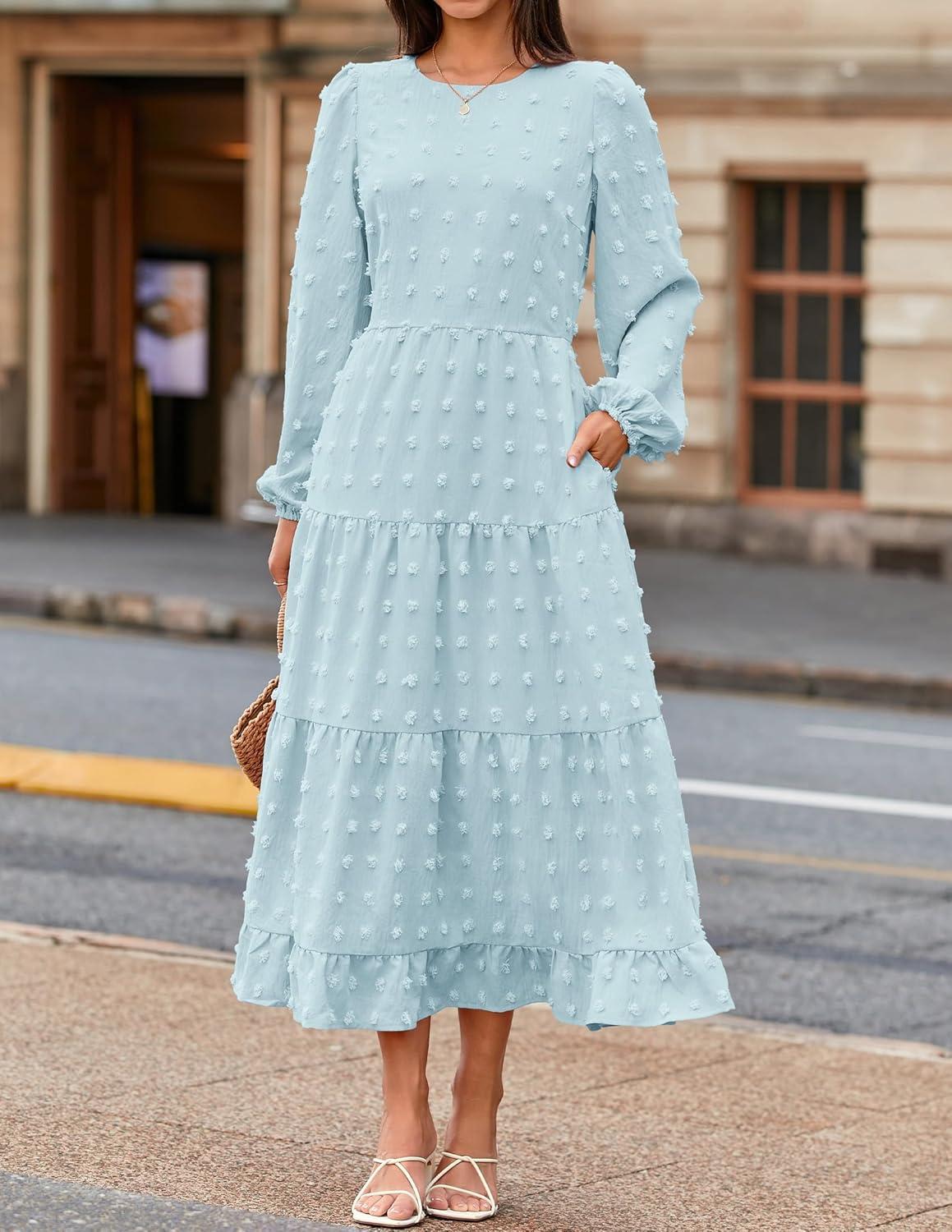 imageZESICA Womens Fall Long Sleeve Maxi Dresses 2026 Crew Neck Swiss Dot Tiered Flowy A Line Wedding Cocktail Party DressSky