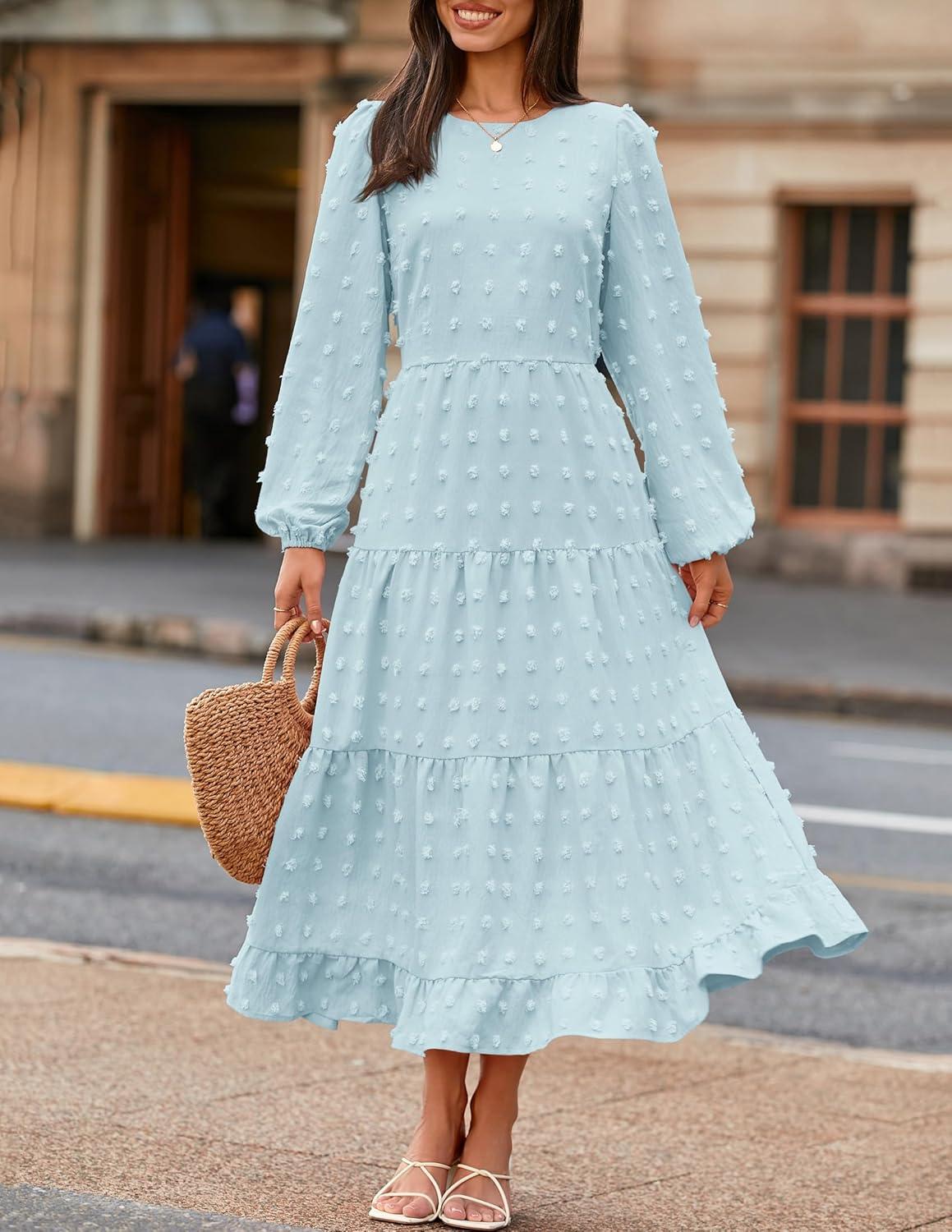 imageZESICA Womens Fall Long Sleeve Maxi Dresses 2026 Crew Neck Swiss Dot Tiered Flowy A Line Wedding Cocktail Party DressSky