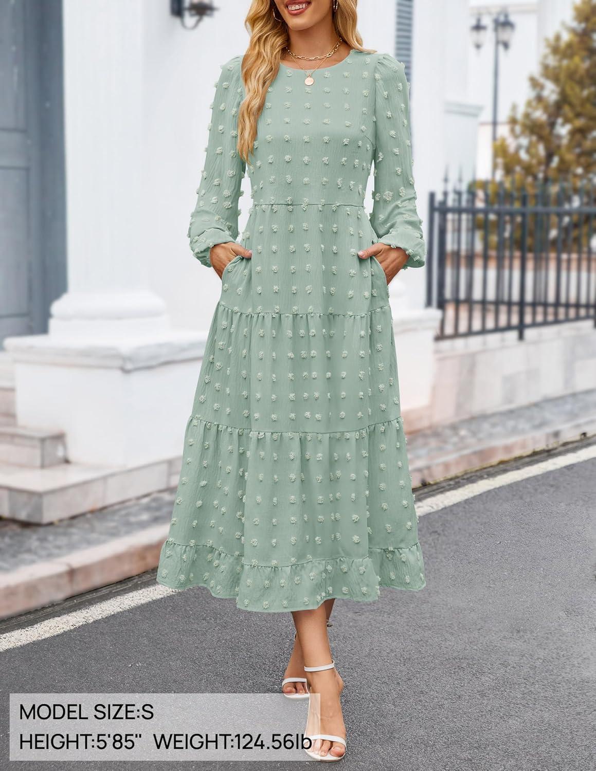 imageZESICA Womens Fall Long Sleeve Maxi Dresses 2026 Crew Neck Swiss Dot Tiered Flowy A Line Wedding Cocktail Party DressTurquoise