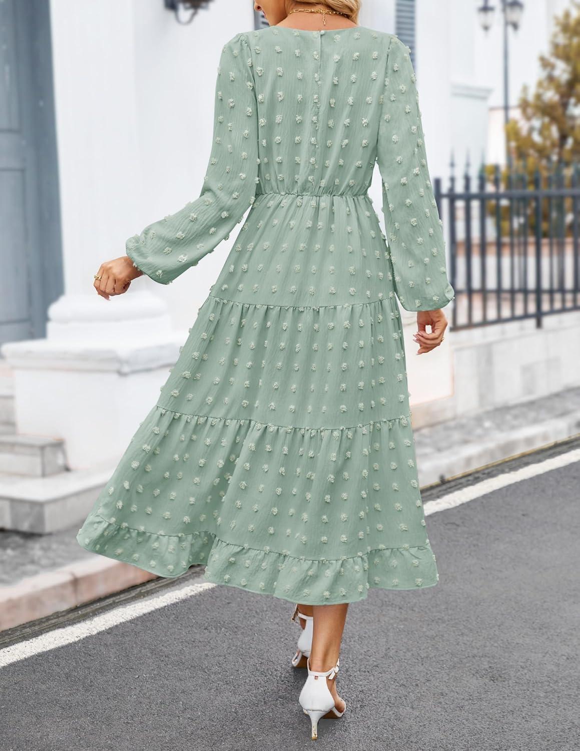 imageZESICA Womens Fall Long Sleeve Maxi Dresses 2026 Crew Neck Swiss Dot Tiered Flowy A Line Wedding Cocktail Party DressTurquoise