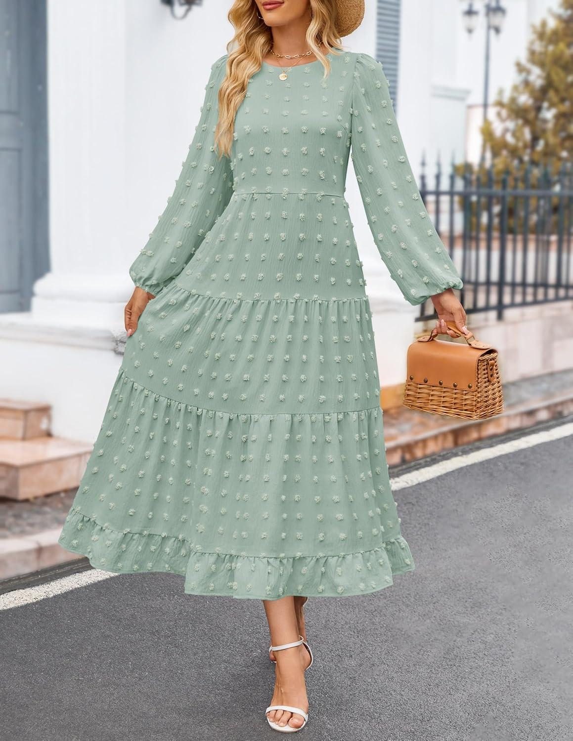 imageZESICA Womens Fall Long Sleeve Maxi Dresses 2026 Crew Neck Swiss Dot Tiered Flowy A Line Wedding Cocktail Party DressTurquoise