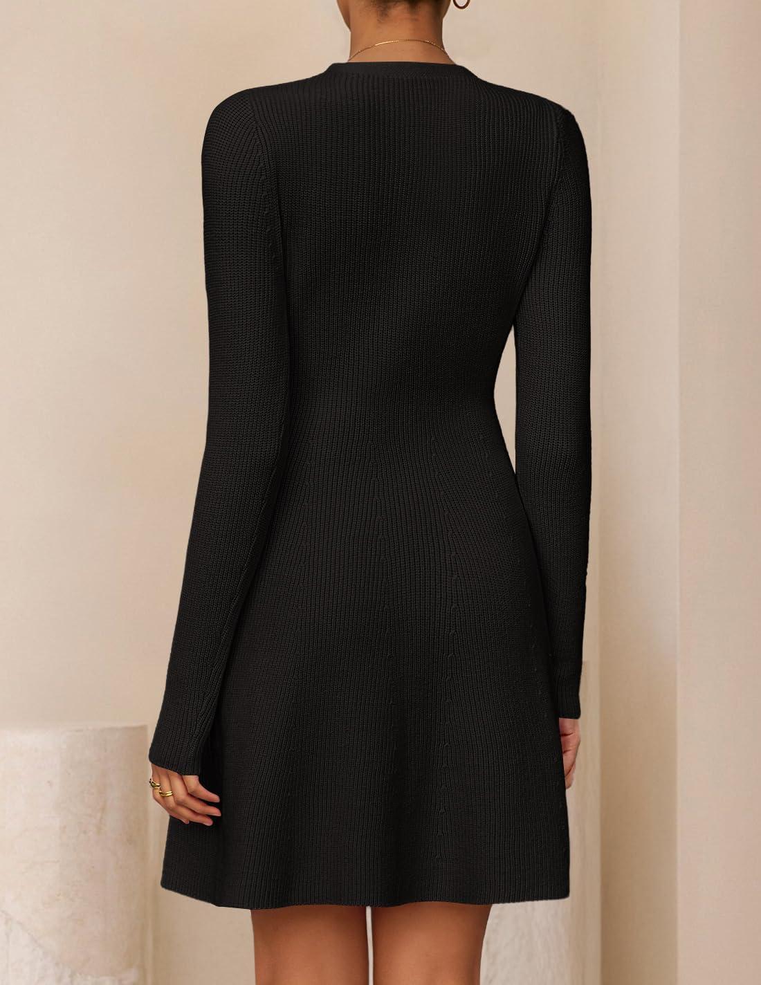imageZESICA Womens Fall Long Sleeve Sweater Dress 2026 Casual V Neck Button Ribbed Knit A Line Swing Mini DressesBlack