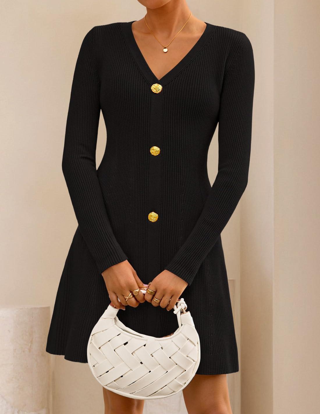 imageZESICA Womens Fall Long Sleeve Sweater Dress 2026 Casual V Neck Button Ribbed Knit A Line Swing Mini DressesBlack