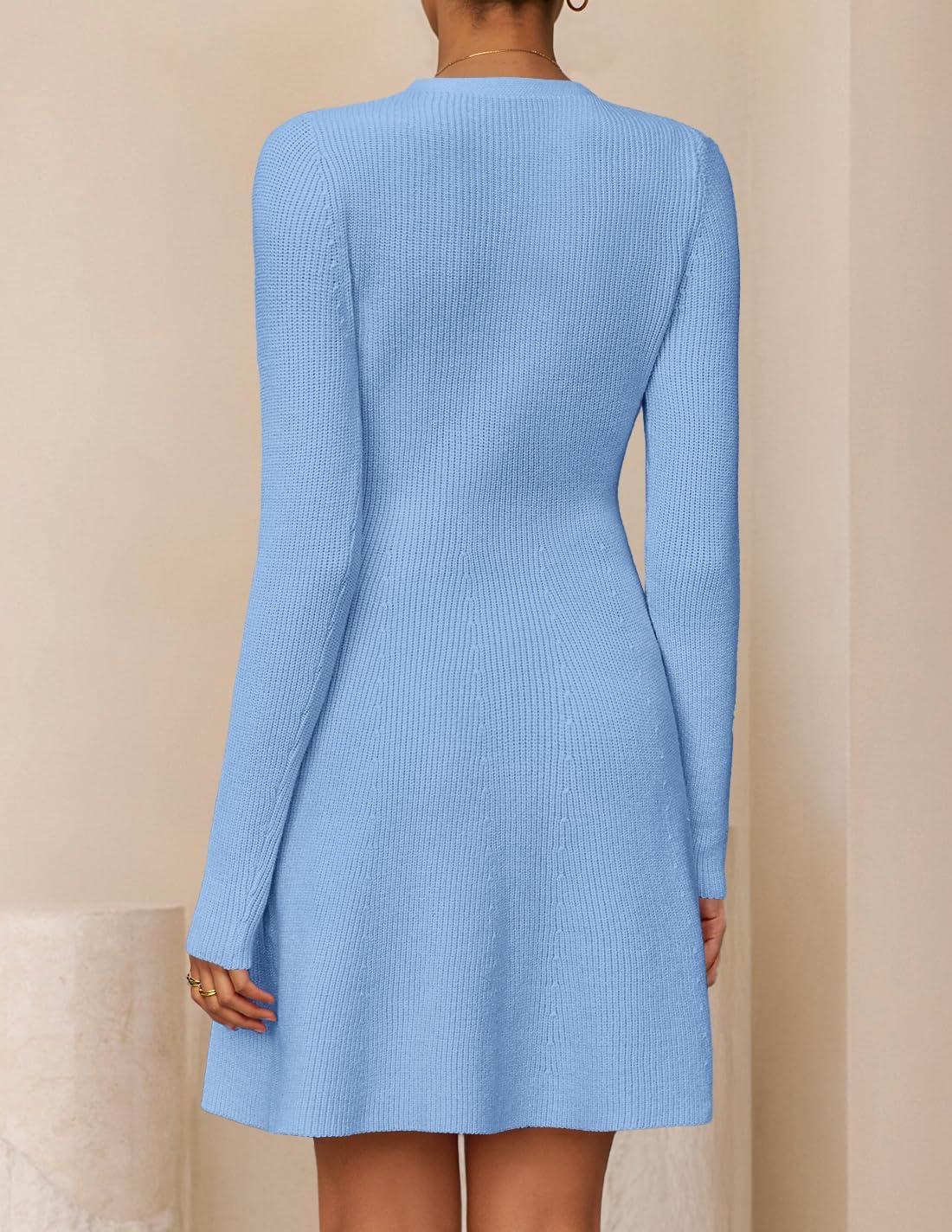 imageZESICA Womens Fall Long Sleeve Sweater Dress 2026 Casual V Neck Button Ribbed Knit A Line Swing Mini DressesBlue