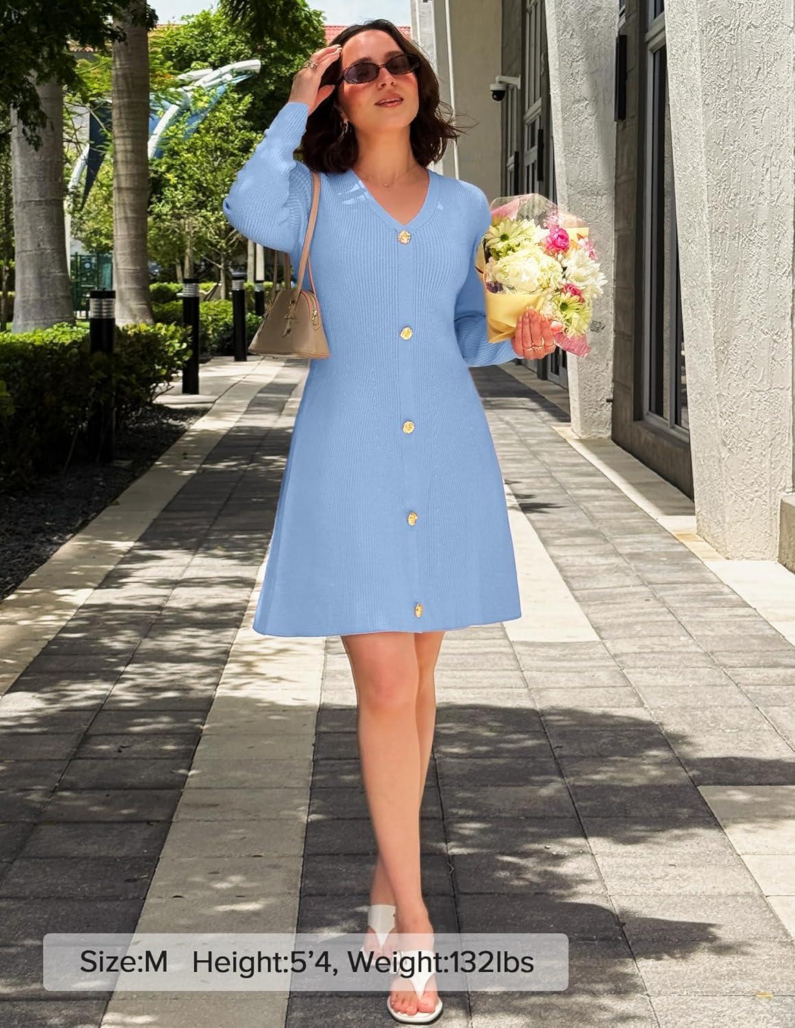 imageZESICA Womens Fall Long Sleeve Sweater Dress 2026 Casual V Neck Button Ribbed Knit A Line Swing Mini DressesBlue