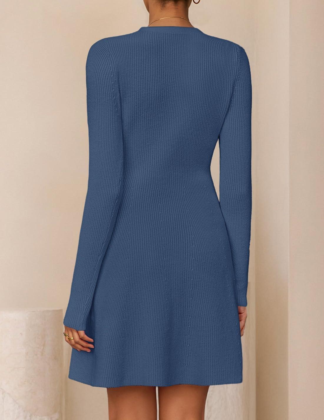 imageZESICA Womens Fall Long Sleeve Sweater Dress 2026 Casual V Neck Button Ribbed Knit A Line Swing Mini DressesDustyblue