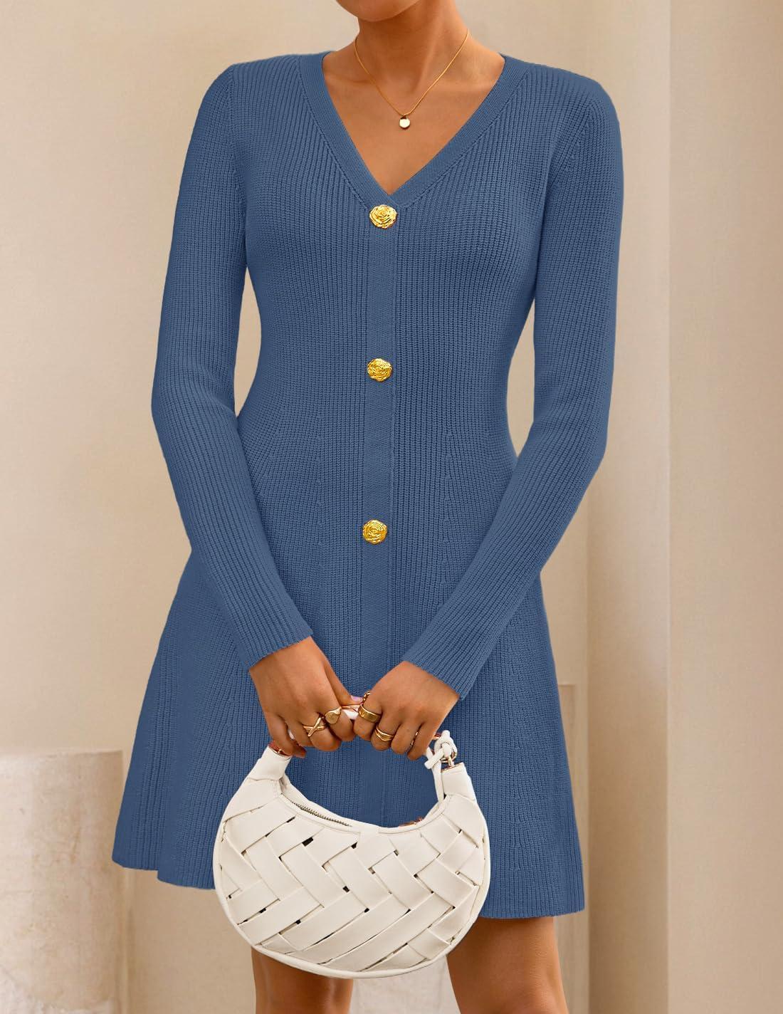 imageZESICA Womens Fall Long Sleeve Sweater Dress 2026 Casual V Neck Button Ribbed Knit A Line Swing Mini DressesDustyblue