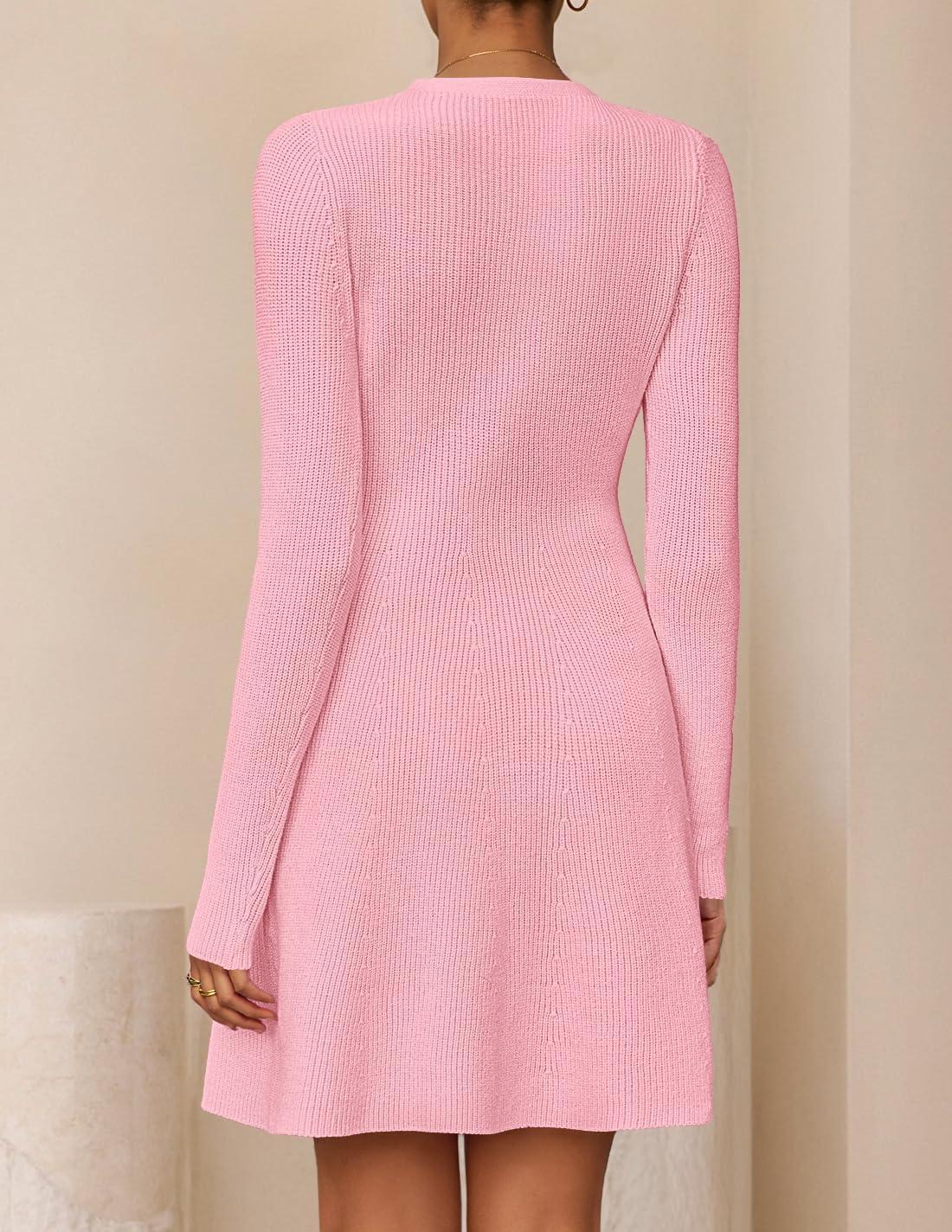 imageZESICA Womens Fall Long Sleeve Sweater Dress 2026 Casual V Neck Button Ribbed Knit A Line Swing Mini DressesPink