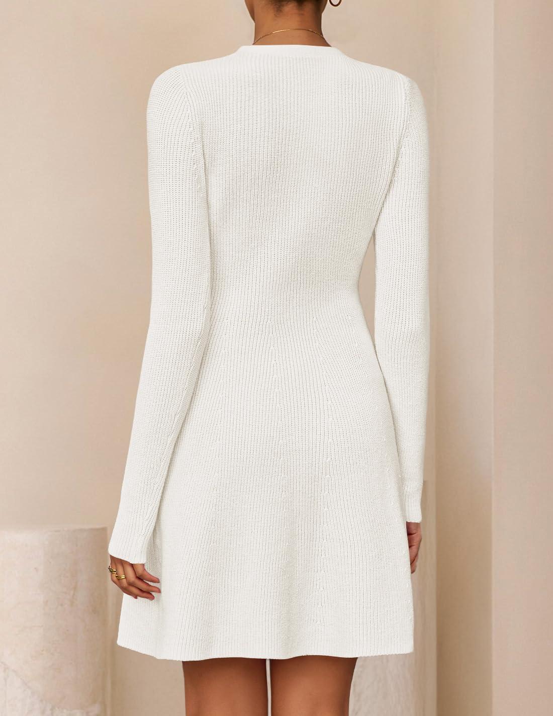 imageZESICA Womens Fall Long Sleeve Sweater Dress 2026 Casual V Neck Button Ribbed Knit A Line Swing Mini DressesWhite