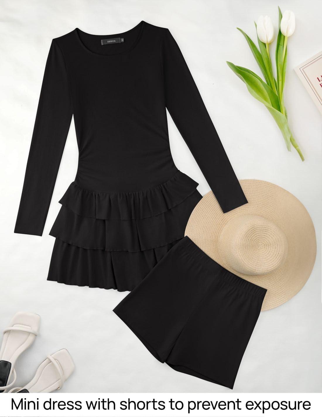 imageZESICA Womens Long Sleeve Bodycon Mini Dress Ribbed Knit Crew Neck Ruffle Tiered Flowy Cocktail Party DressesBlack