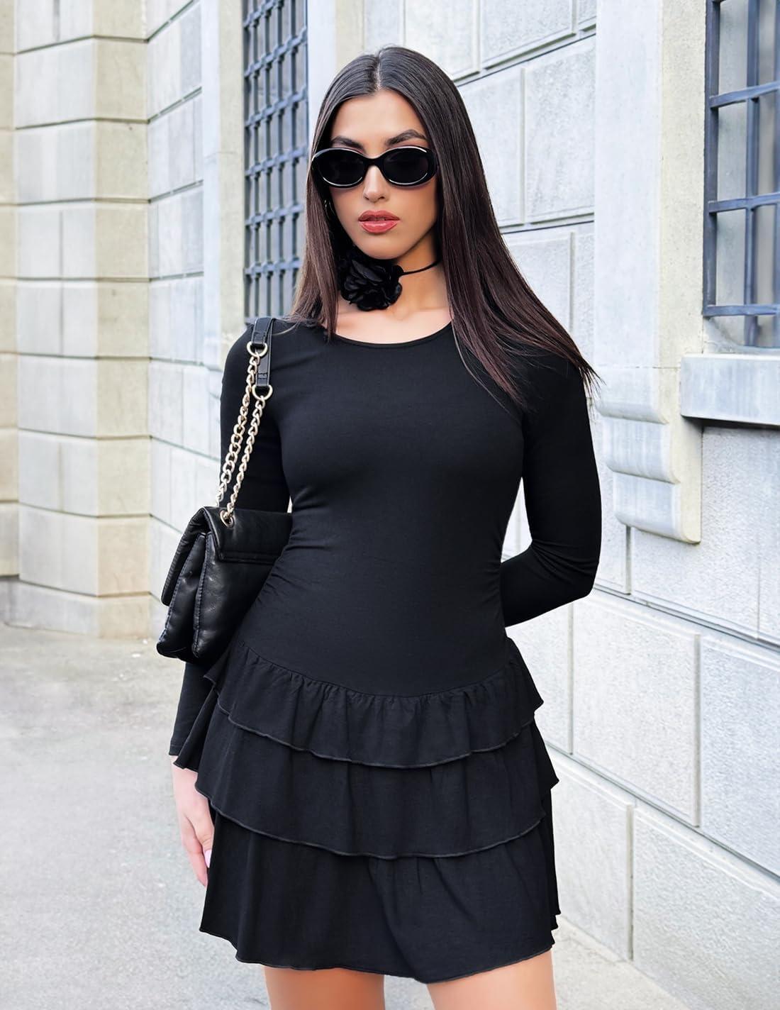 imageZESICA Womens Long Sleeve Bodycon Mini Dress Ribbed Knit Crew Neck Ruffle Tiered Flowy Cocktail Party DressesBlack