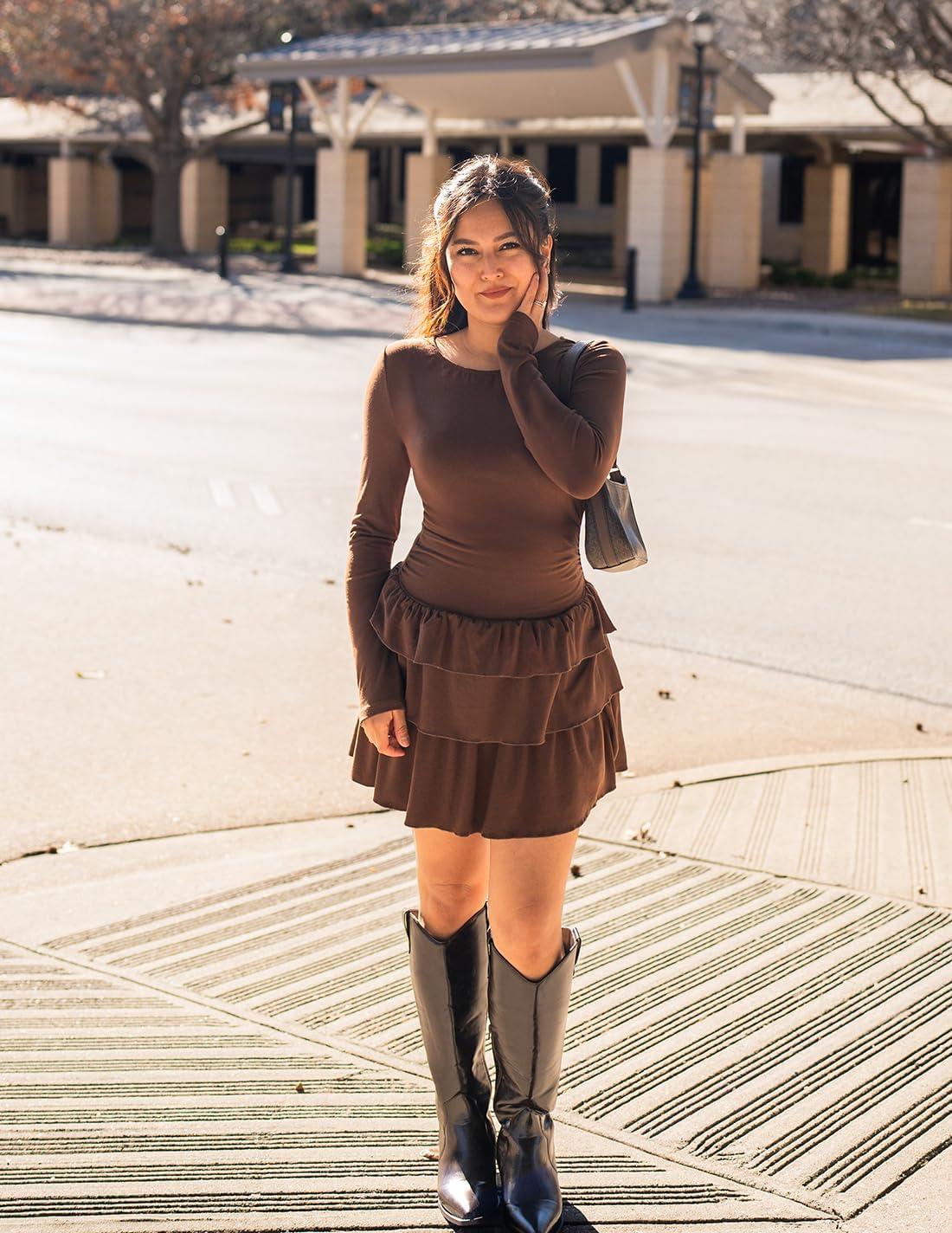imageZESICA Womens Long Sleeve Bodycon Mini Dress Ribbed Knit Crew Neck Ruffle Tiered Flowy Cocktail Party DressesCoffee