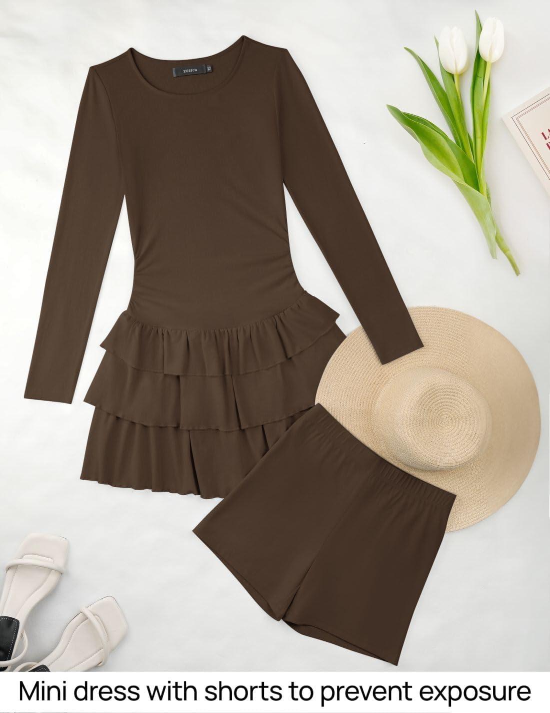 imageZESICA Womens Long Sleeve Bodycon Mini Dress Ribbed Knit Crew Neck Ruffle Tiered Flowy Cocktail Party DressesCoffee
