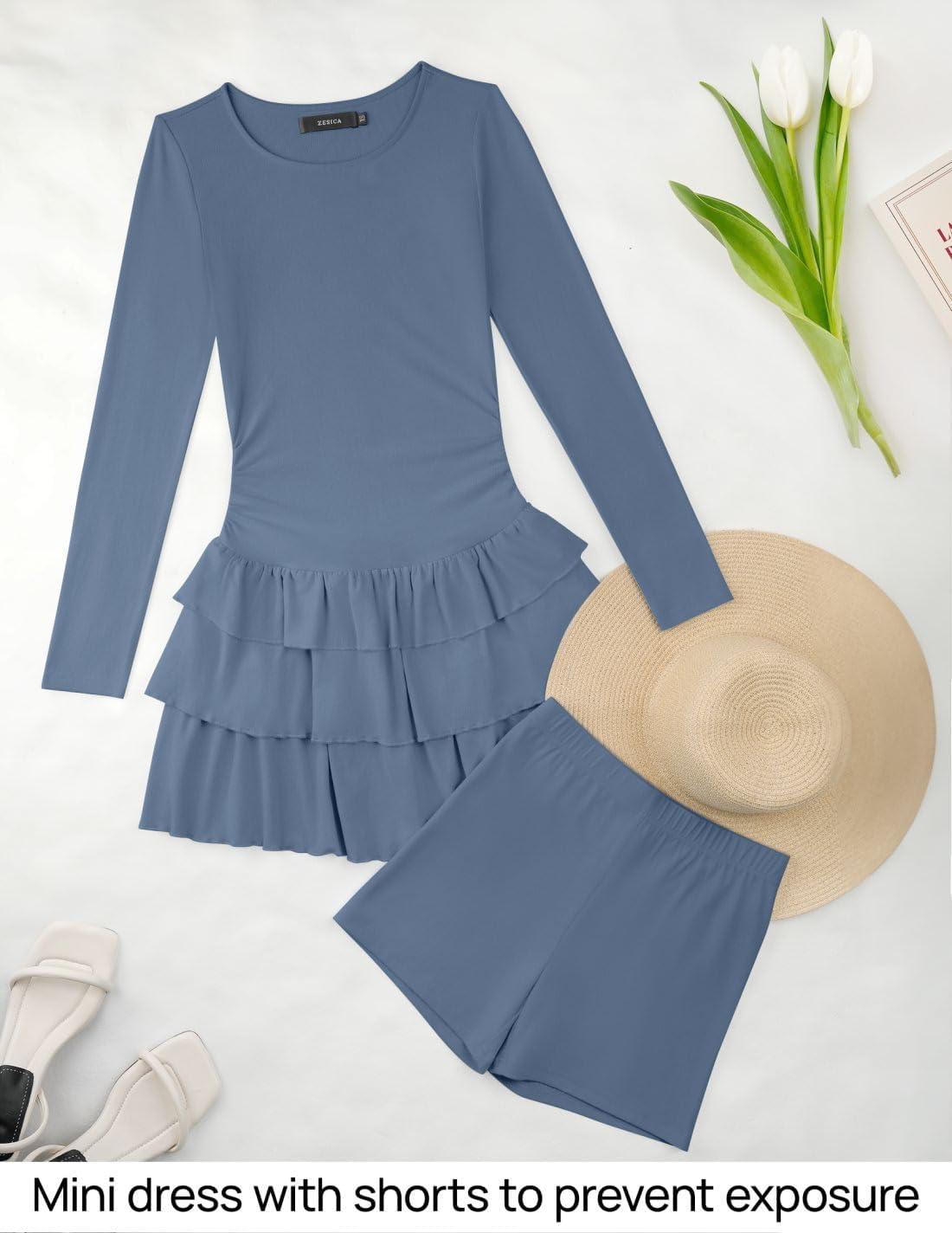 imageZESICA Womens Long Sleeve Bodycon Mini Dress Ribbed Knit Crew Neck Ruffle Tiered Flowy Cocktail Party DressesDustyblue