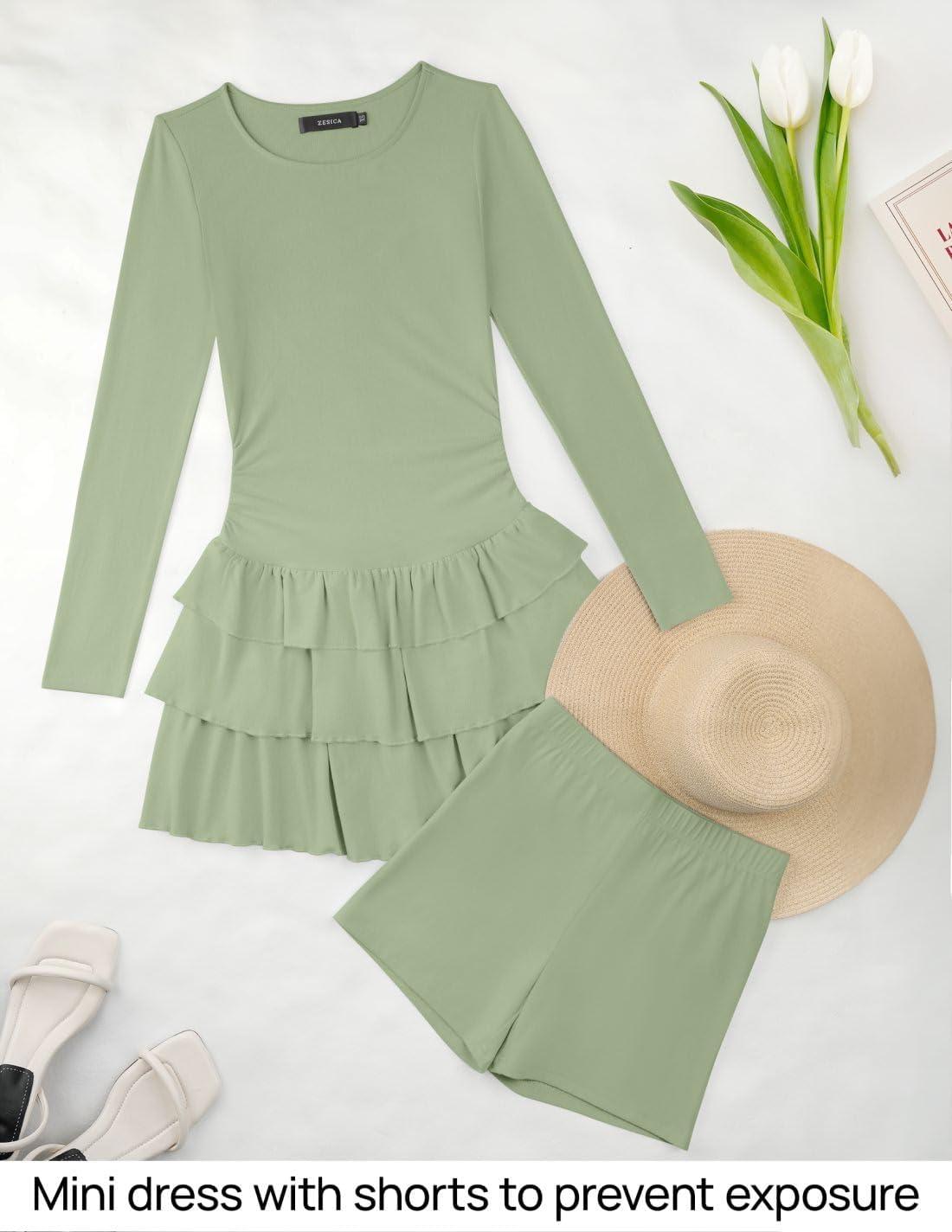 imageZESICA Womens Long Sleeve Bodycon Mini Dress Ribbed Knit Crew Neck Ruffle Tiered Flowy Cocktail Party DressesGreen