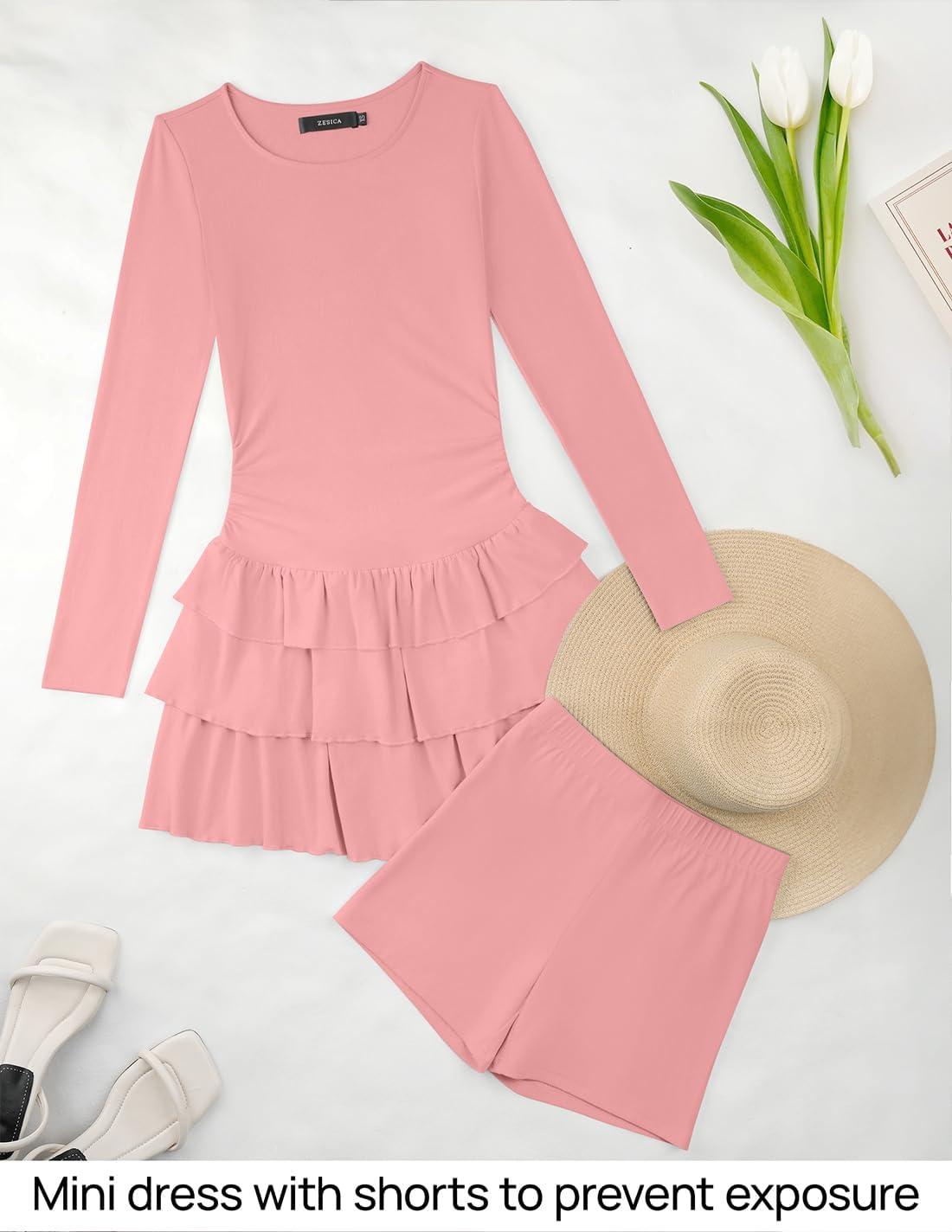 imageZESICA Womens Long Sleeve Bodycon Mini Dress Ribbed Knit Crew Neck Ruffle Tiered Flowy Cocktail Party DressesLightpink