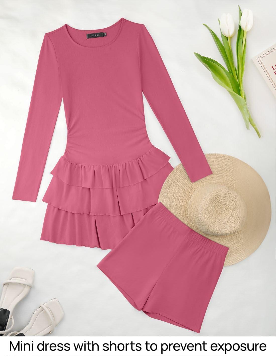 imageZESICA Womens Long Sleeve Bodycon Mini Dress Ribbed Knit Crew Neck Ruffle Tiered Flowy Cocktail Party DressesPink