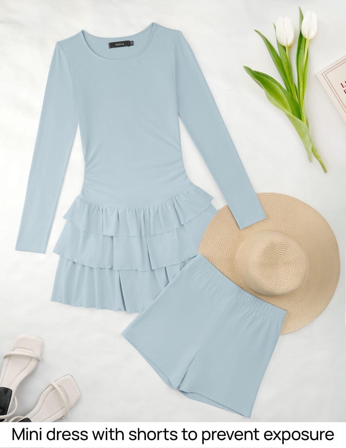 imageZESICA Womens Long Sleeve Bodycon Mini Dress Ribbed Knit Crew Neck Ruffle Tiered Flowy Cocktail Party DressesSky