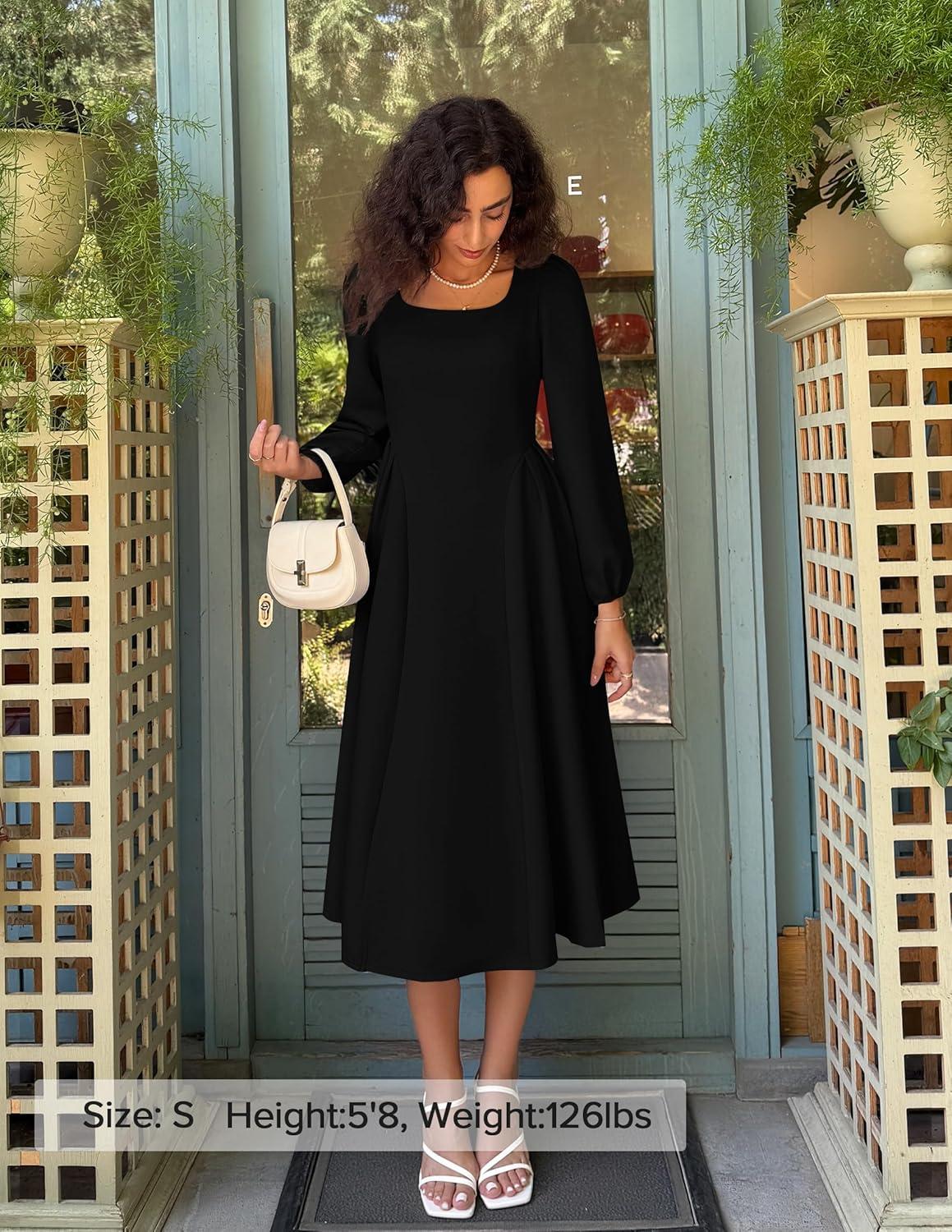 imageZESICA Womens Long Sleeve Midi Dresses 2026 Fall Square Neck Swing A Line Wedding Guest Evening Prom DressBlack