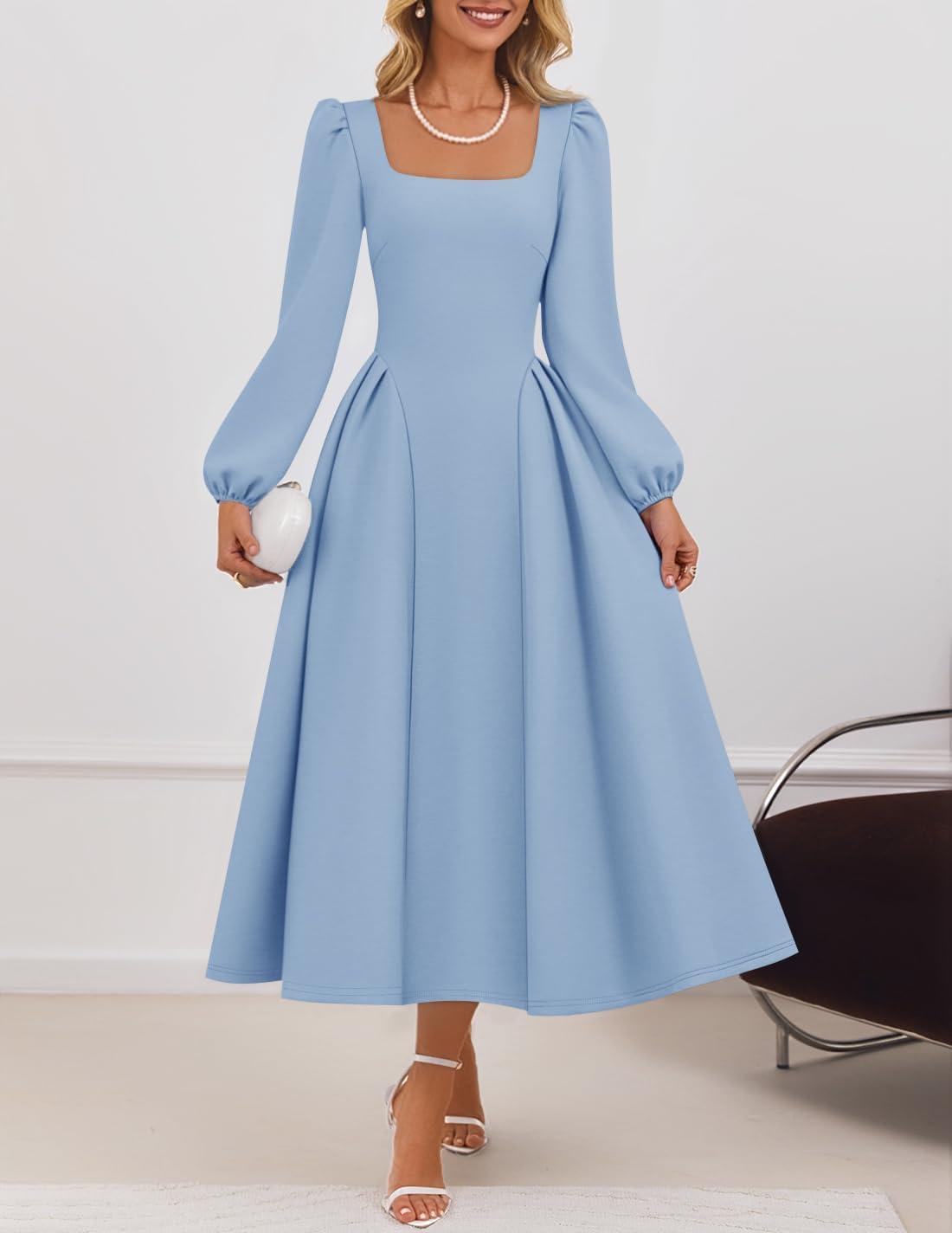 imageZESICA Womens Long Sleeve Midi Dresses 2026 Fall Square Neck Swing A Line Wedding Guest Evening Prom DressBlue