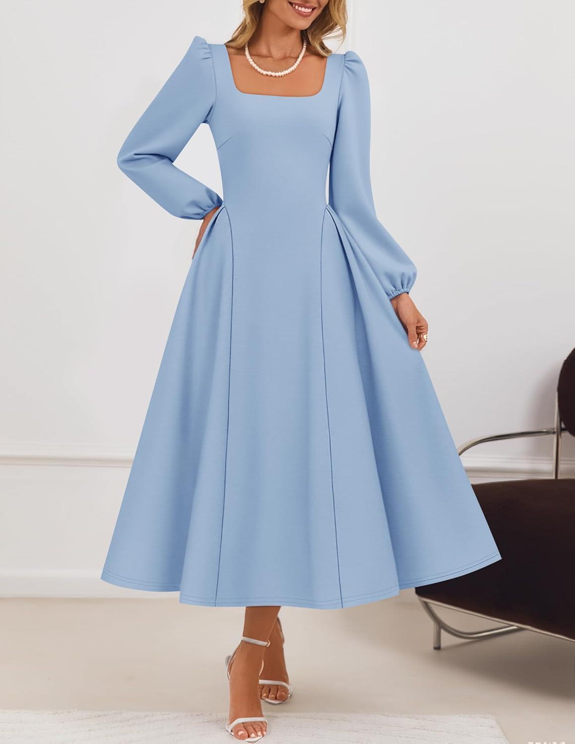 imageZESICA Womens Long Sleeve Midi Dresses 2026 Fall Square Neck Swing A Line Wedding Guest Evening Prom DressBlue