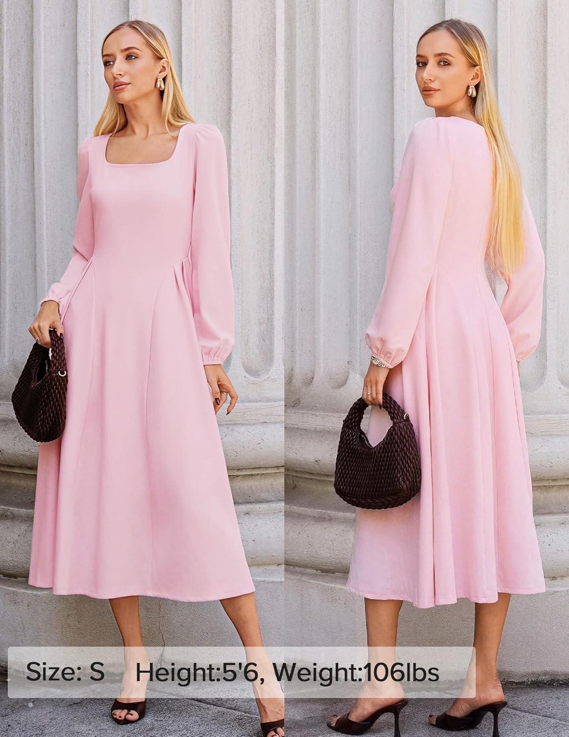 imageZESICA Womens Long Sleeve Midi Dresses 2026 Fall Square Neck Swing A Line Wedding Guest Evening Prom DressPink