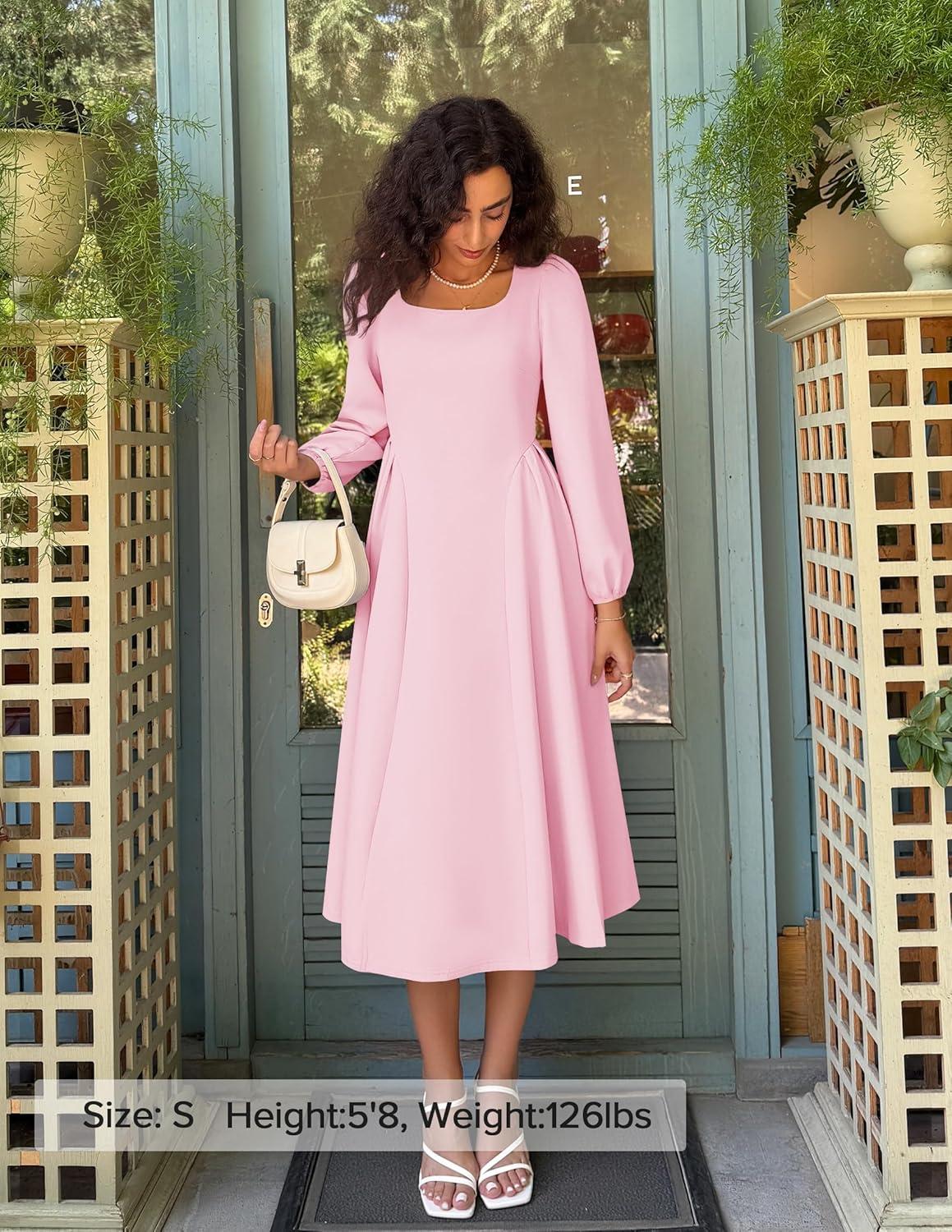 imageZESICA Womens Long Sleeve Midi Dresses 2026 Fall Square Neck Swing A Line Wedding Guest Evening Prom DressPink