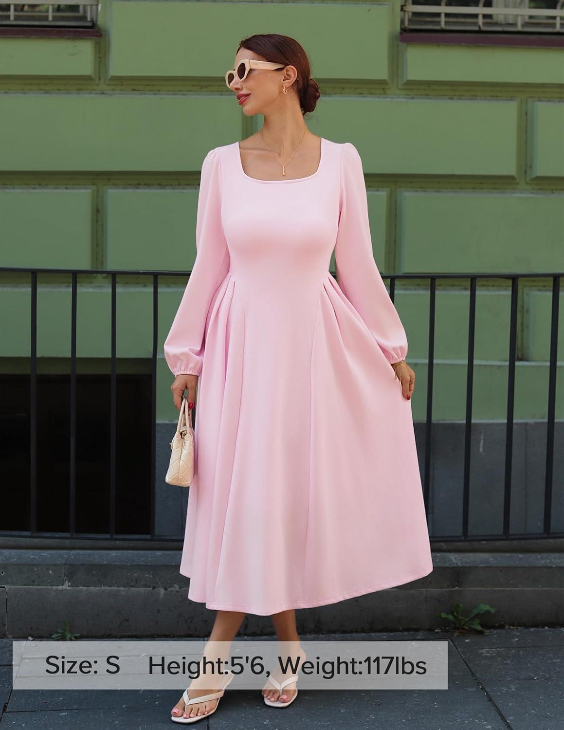 imageZESICA Womens Long Sleeve Midi Dresses 2026 Fall Square Neck Swing A Line Wedding Guest Evening Prom DressPink