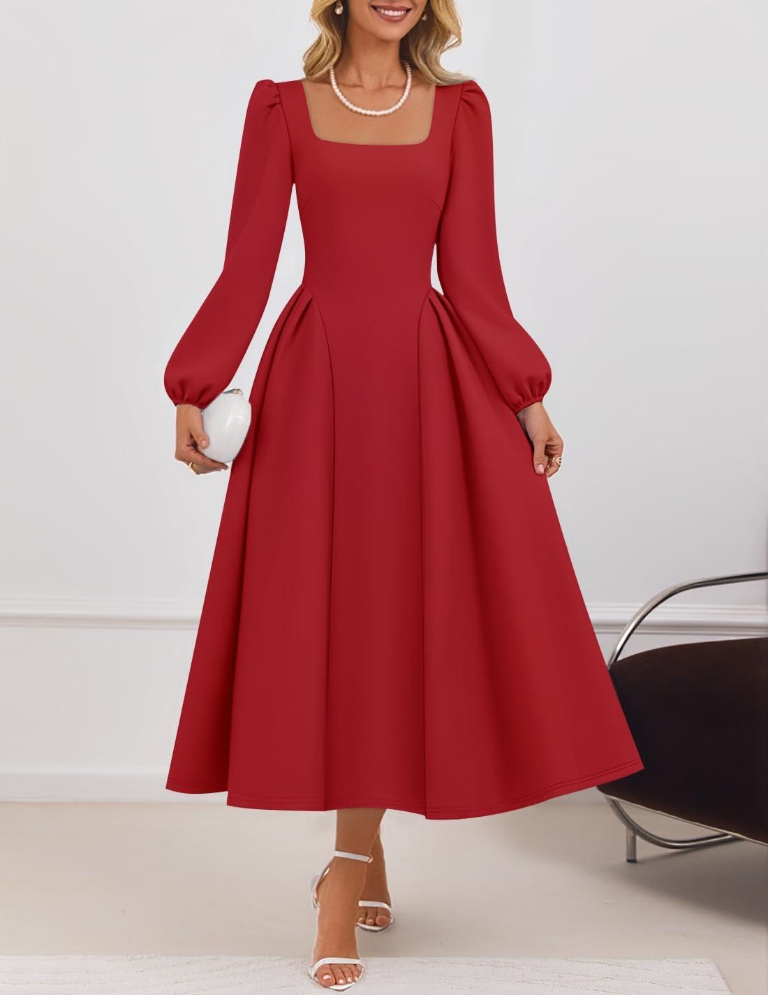 imageZESICA Womens Long Sleeve Midi Dresses 2026 Fall Square Neck Swing A Line Wedding Guest Evening Prom DressRed