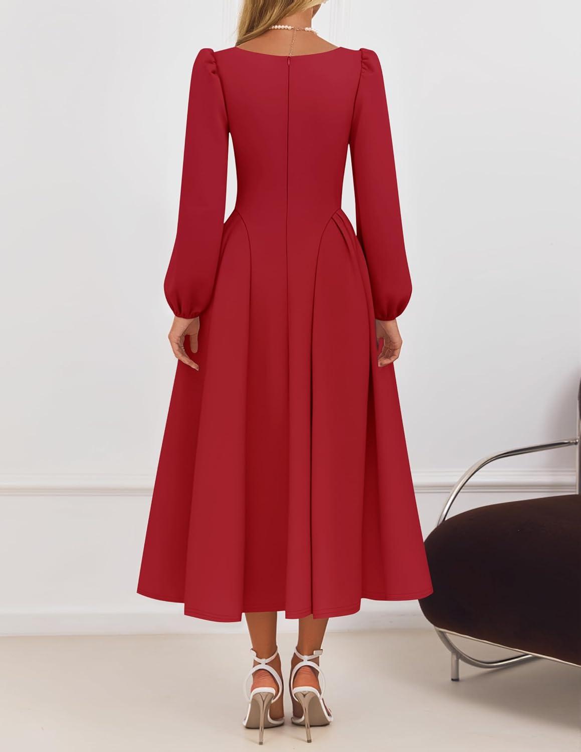 imageZESICA Womens Long Sleeve Midi Dresses 2026 Fall Square Neck Swing A Line Wedding Guest Evening Prom DressRed