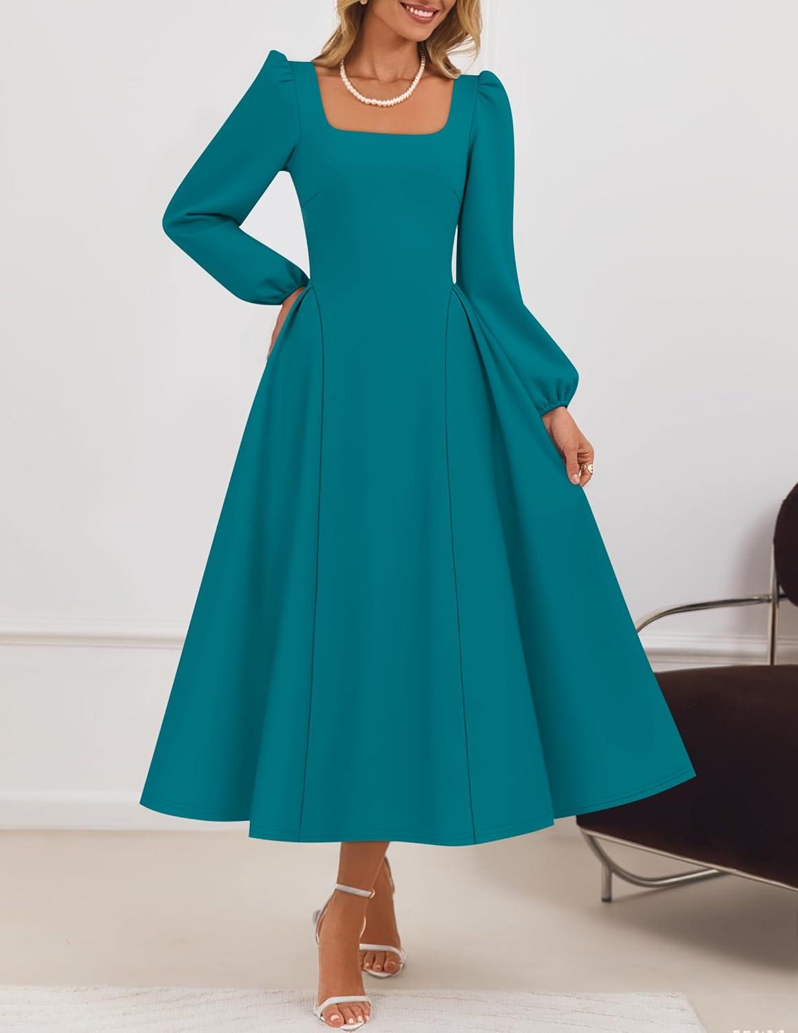 imageZESICA Womens Long Sleeve Midi Dresses 2026 Fall Square Neck Swing A Line Wedding Guest Evening Prom DressTeal