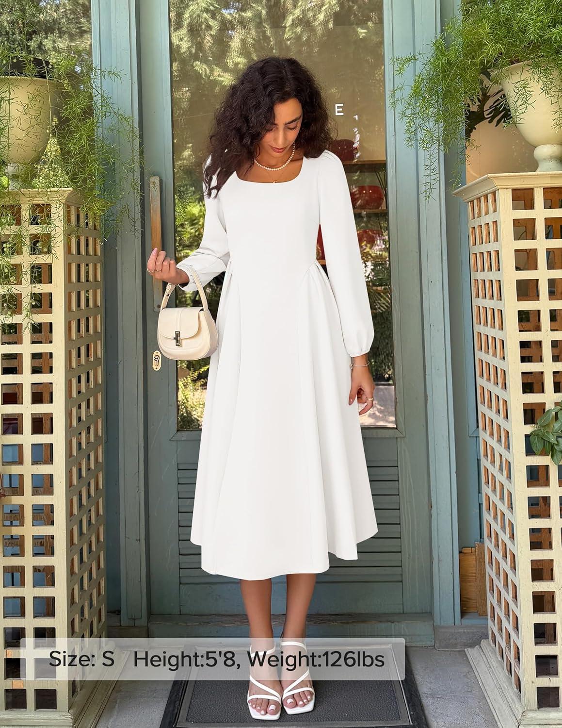 imageZESICA Womens Long Sleeve Midi Dresses 2026 Fall Square Neck Swing A Line Wedding Guest Evening Prom DressWhite