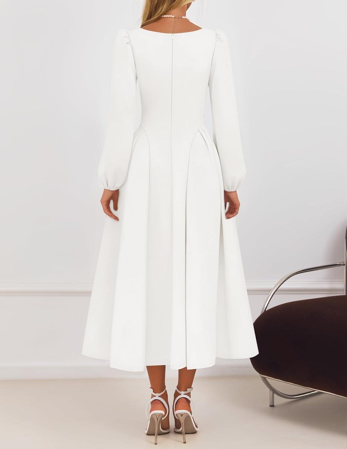 imageZESICA Womens Long Sleeve Midi Dresses 2026 Fall Square Neck Swing A Line Wedding Guest Evening Prom DressWhite
