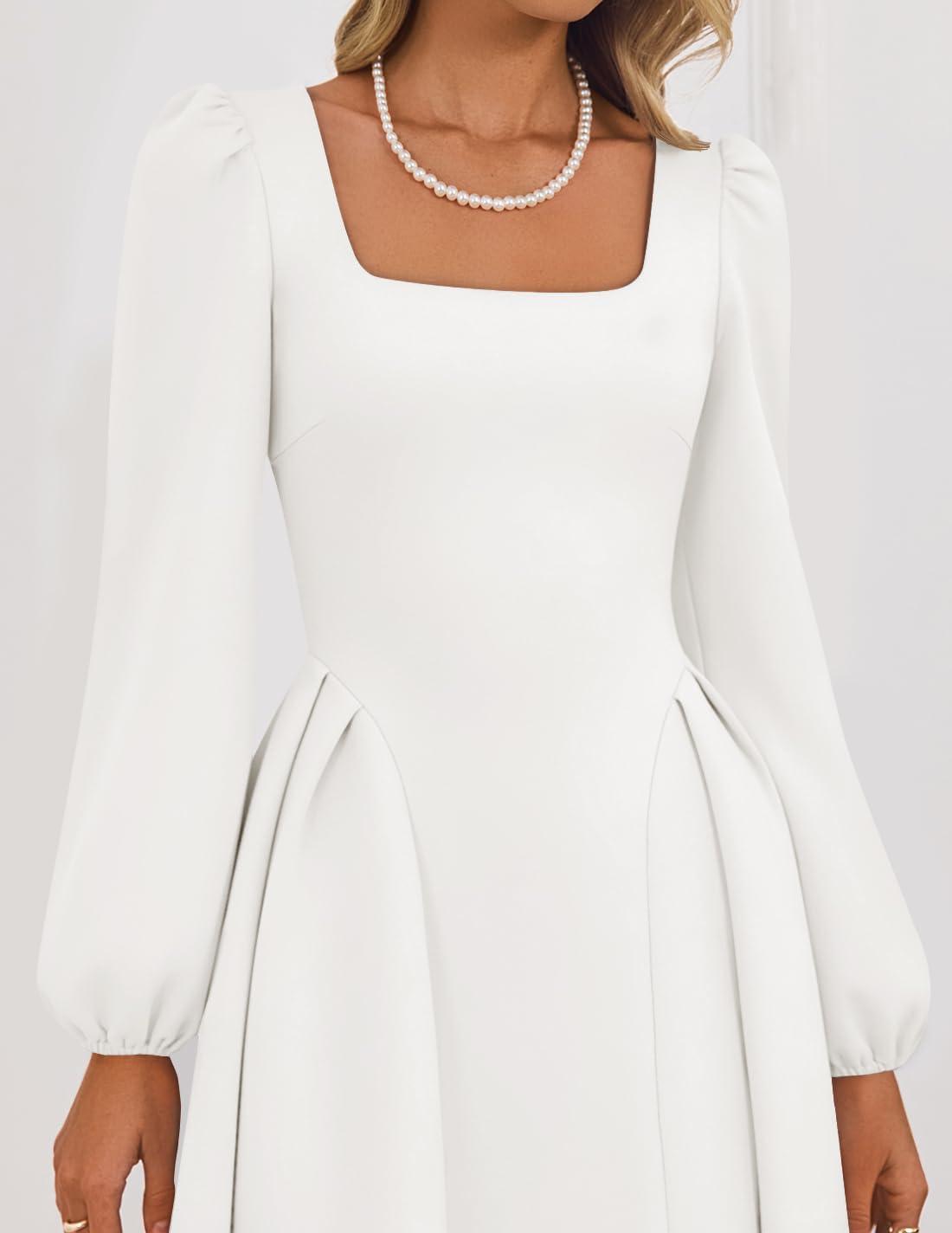 imageZESICA Womens Long Sleeve Midi Dresses 2026 Fall Square Neck Swing A Line Wedding Guest Evening Prom DressWhite