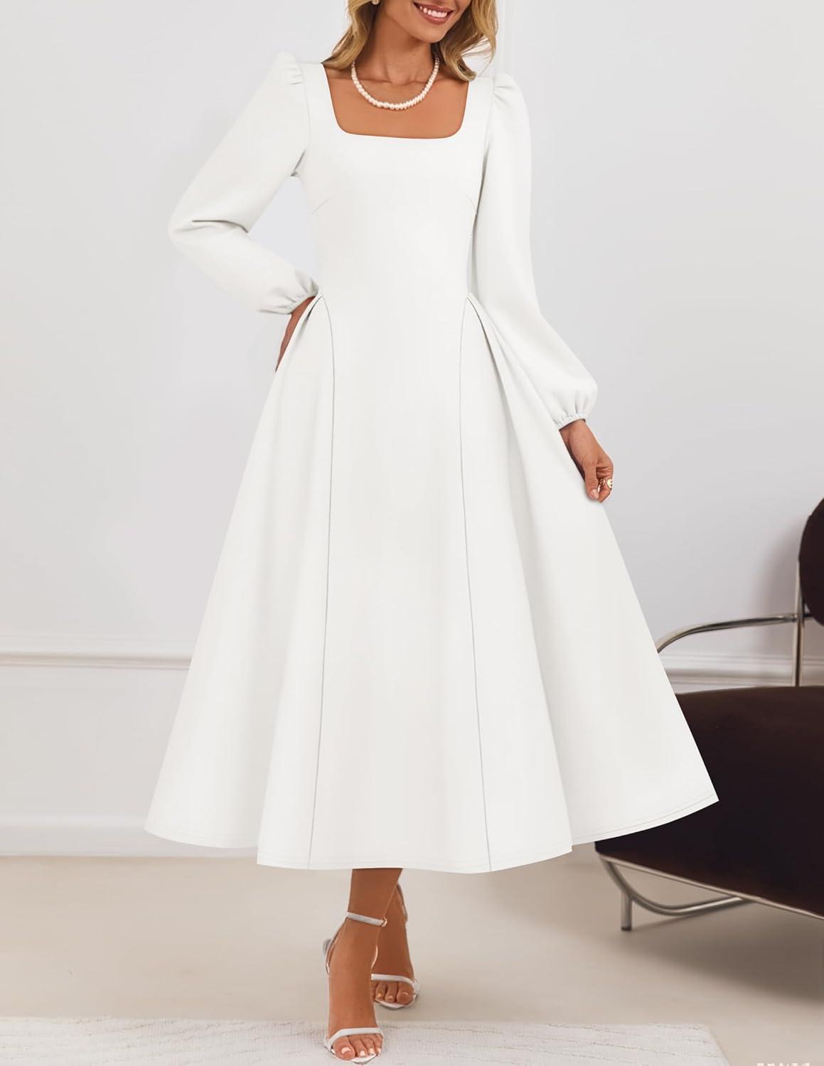 imageZESICA Womens Long Sleeve Midi Dresses 2026 Fall Square Neck Swing A Line Wedding Guest Evening Prom DressWhite
