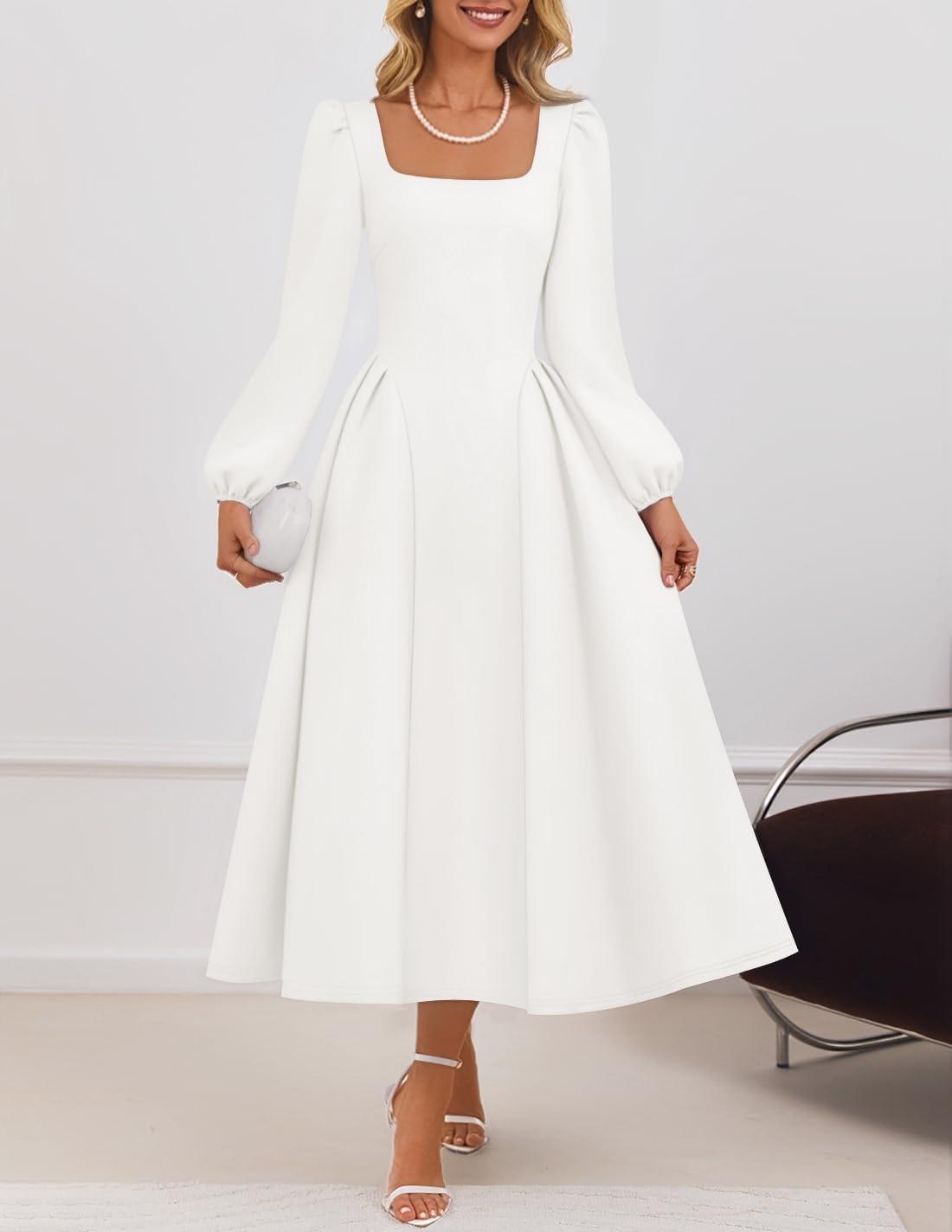 imageZESICA Womens Long Sleeve Midi Dresses 2026 Fall Square Neck Swing A Line Wedding Guest Evening Prom DressWhite