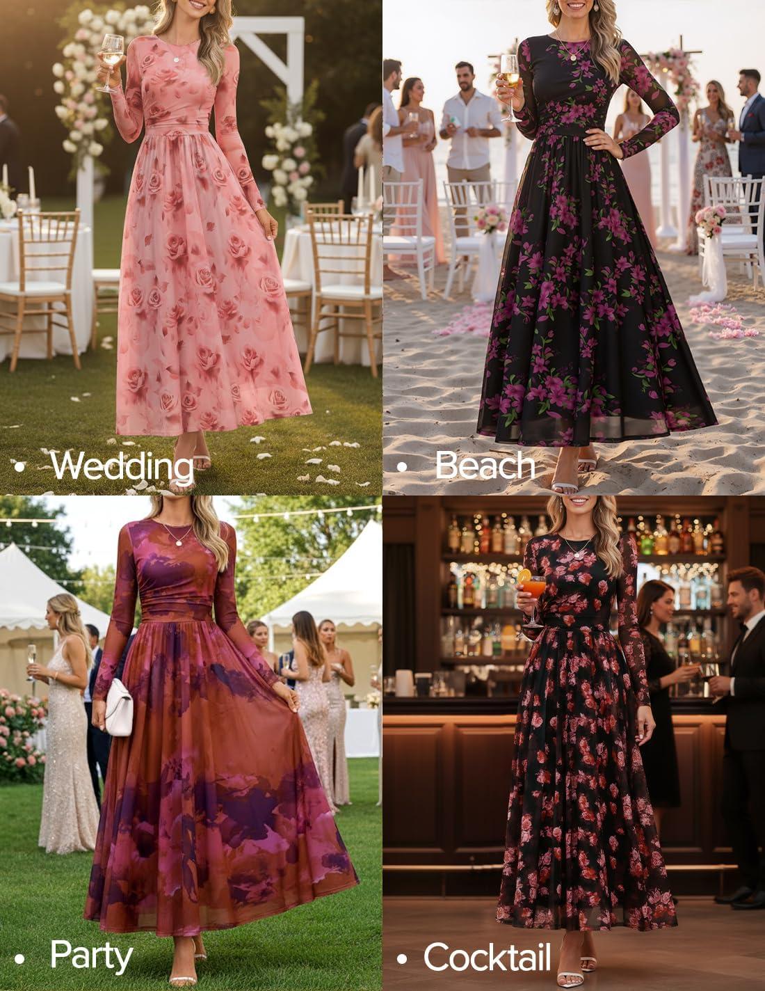 imageZESICA Womens Maxi Dress 2026 Spring Long Sleeve Crewneck Floral Print Mesh Ruched Party Wedding Guest DressesBlackrose
