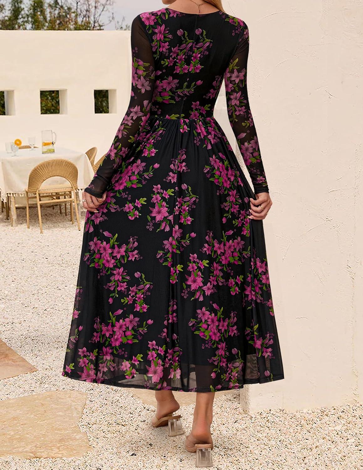 imageZESICA Womens Maxi Dress 2026 Spring Long Sleeve Crewneck Floral Print Mesh Ruched Party Wedding Guest DressesBlackrose
