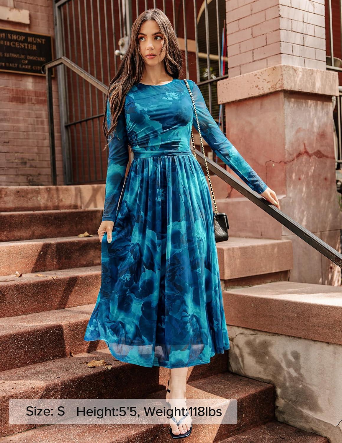 imageZESICA Womens Maxi Dress 2026 Spring Long Sleeve Crewneck Floral Print Mesh Ruched Party Wedding Guest DressesBlue